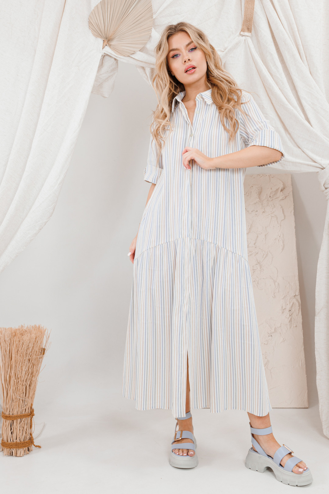 Платье Amori 9648 полоска серо-голубая - фото 1