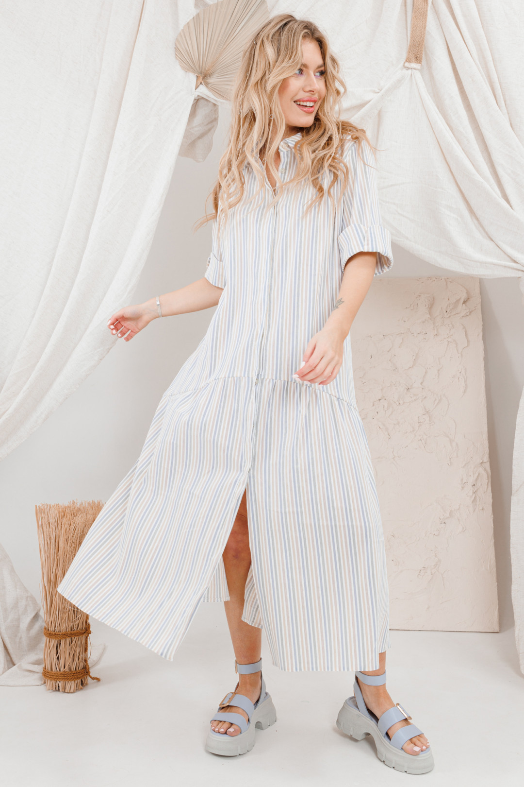 Платье Amori 9648 полоска серо-голубая - фото 4