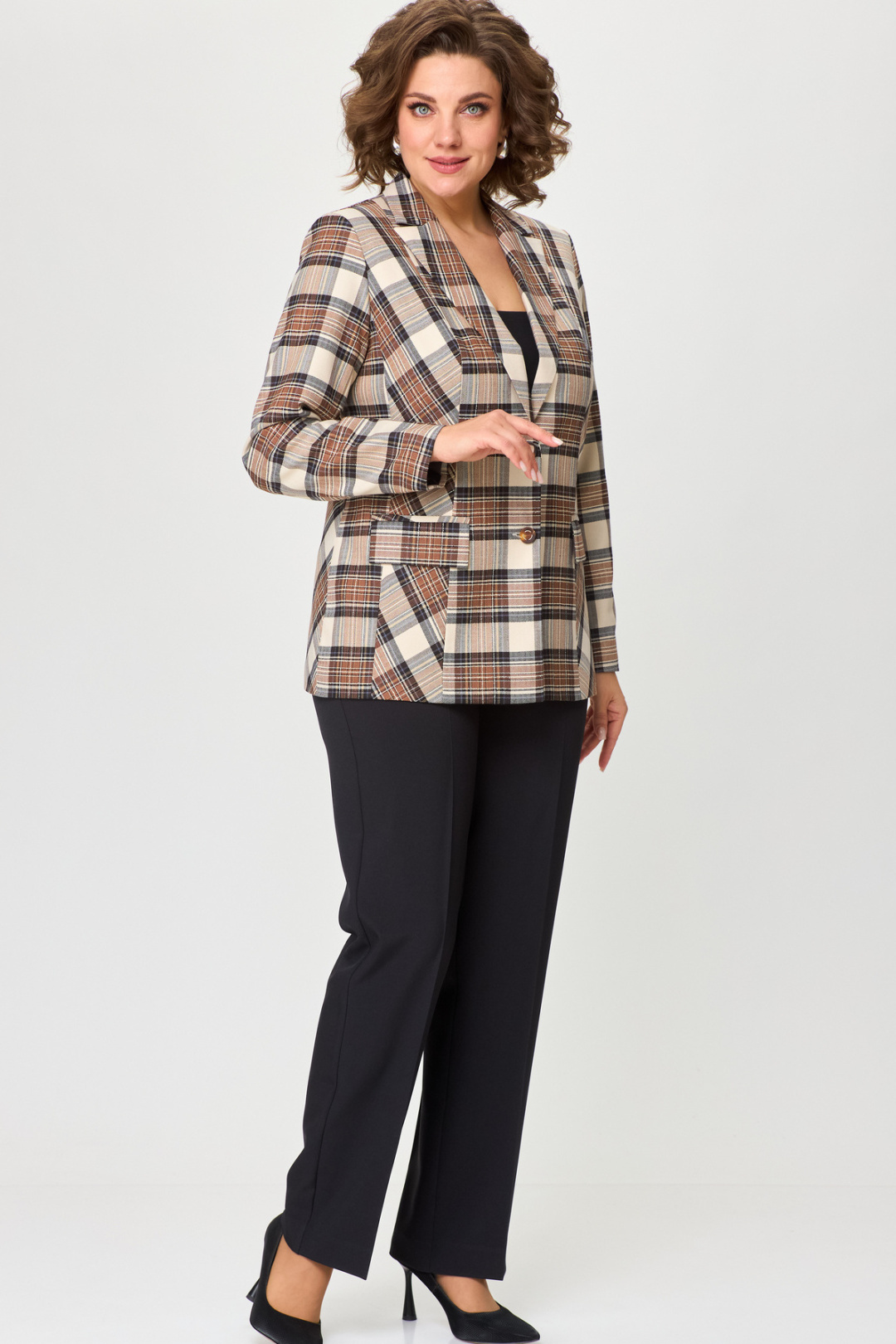 Жакет БелЭльСтиль 412 коричнево-бежевая клетка - фото 2