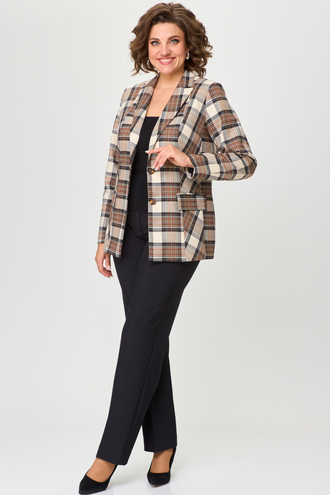 Жакет БелЭльСтиль 412 коричнево-бежевая клетка - фото 3