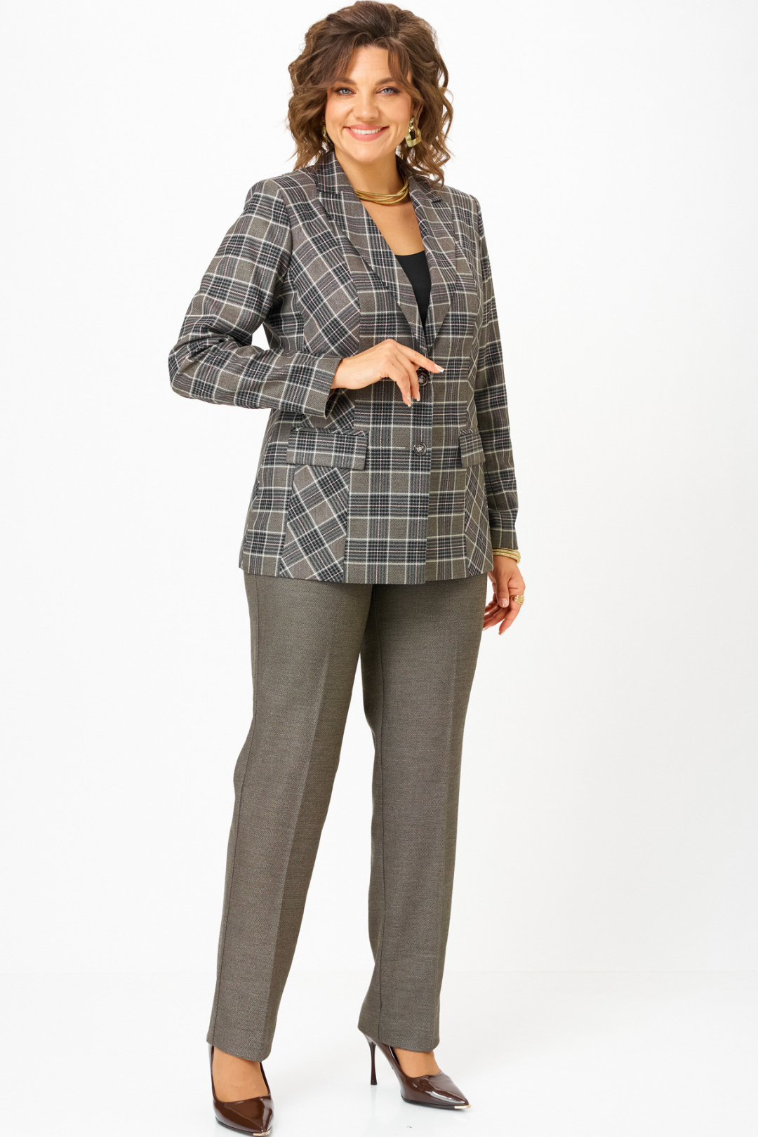 Костюм БелЭльСтиль 412+609 клетка+коричневый - фото 1