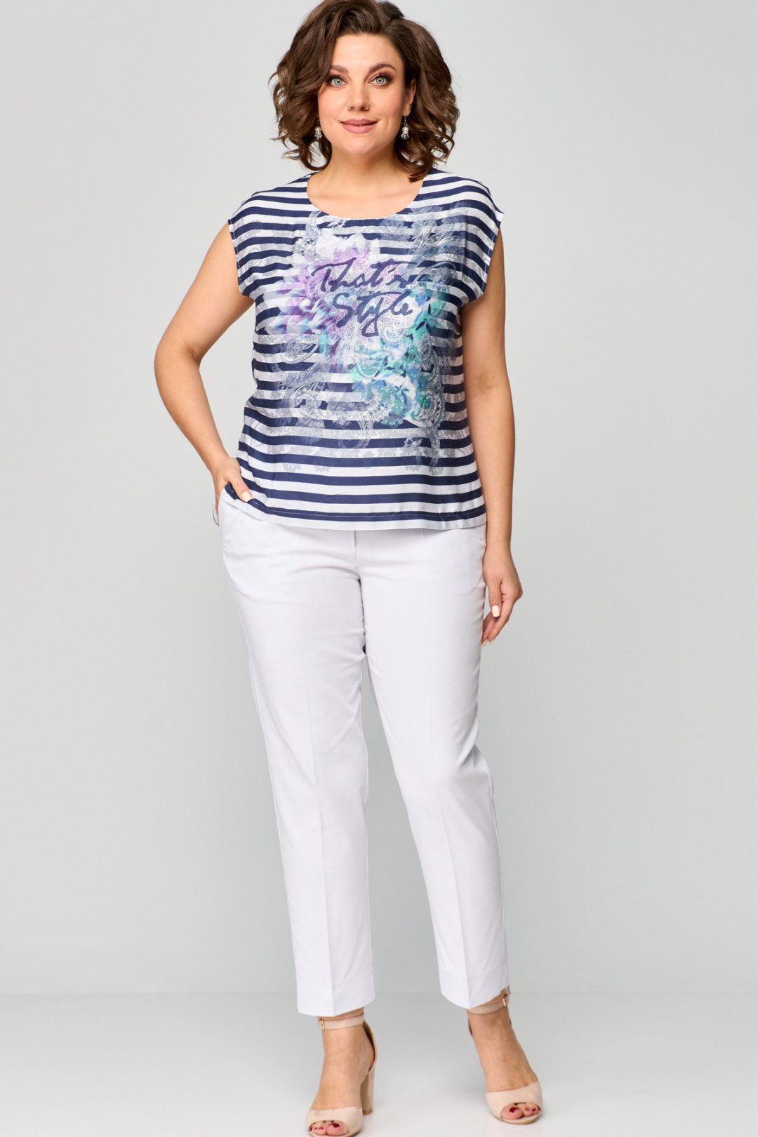 Костюм БелЭльСтиль 862+586 белый принт+полоска - фото 1