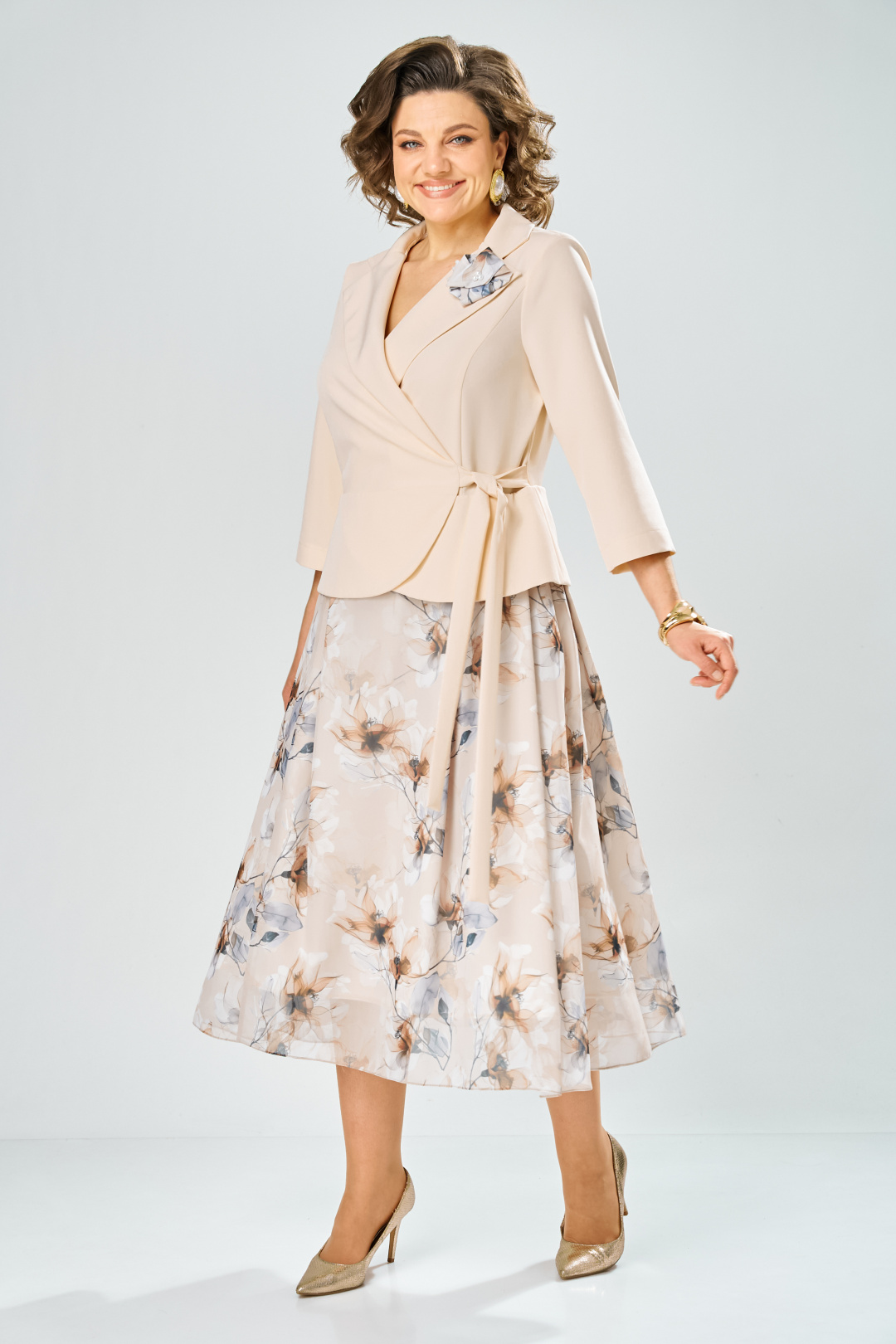 Платье BonnaImage 922-1/8 бежевый цветы - фото 2