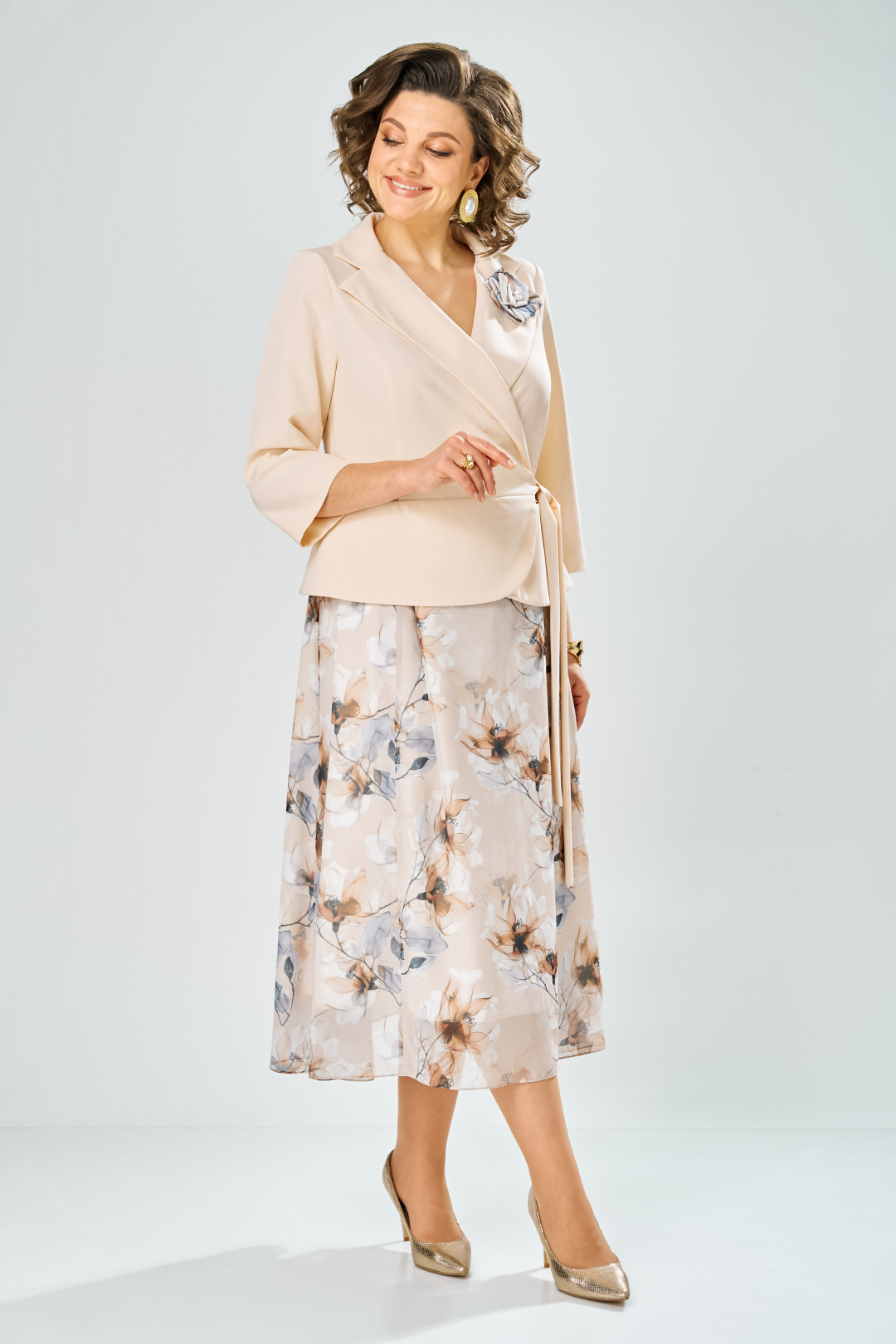 Платье BonnaImage 922-1/8 бежевый цветы - фото 3