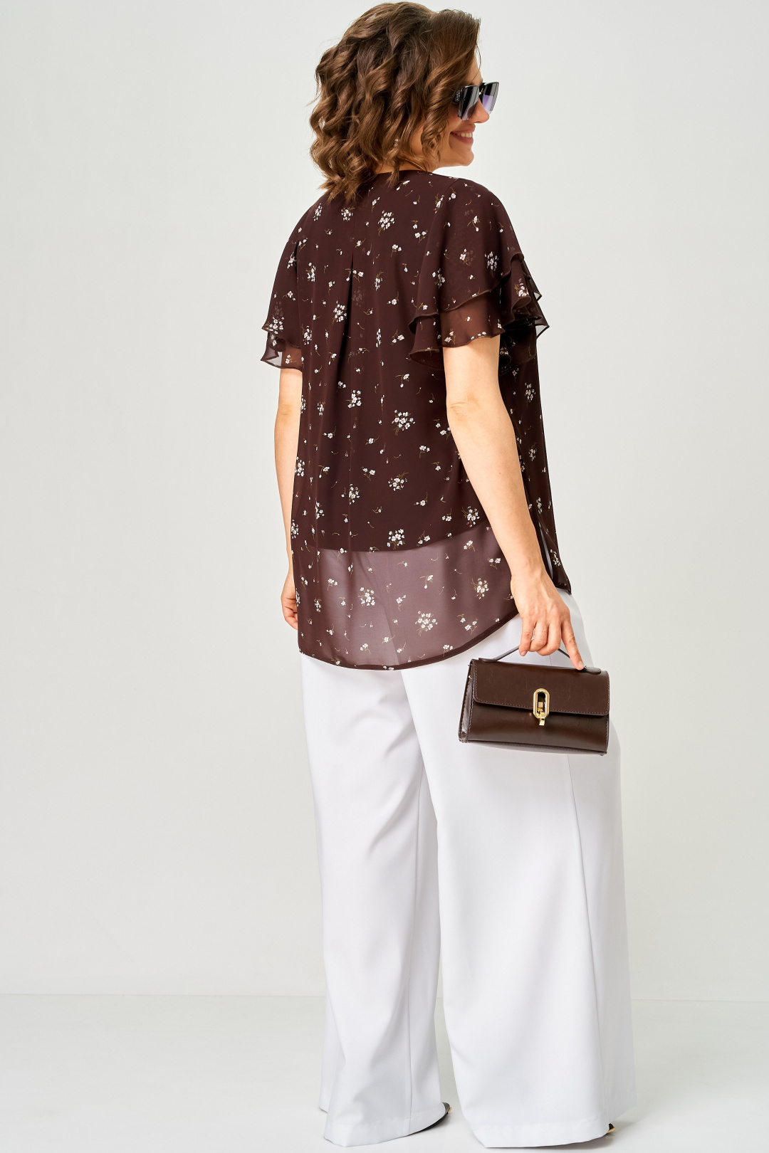 Блуза EVA GRANT 145С шоколад+принт цветочек