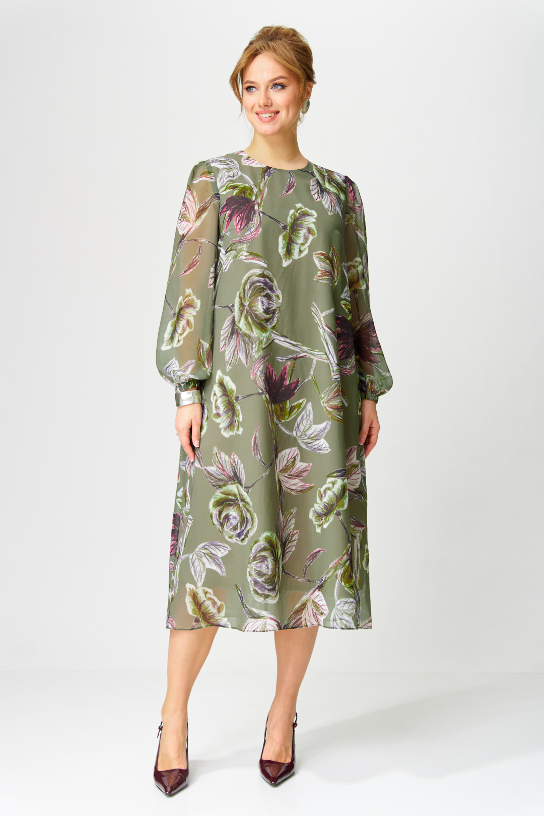 Платье GIZART 5103 олива + бордовый зеленвый цветок