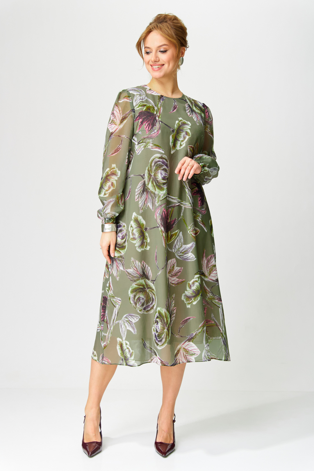 Платье GIZART 5103 олива + бордовый зеленвый цветок