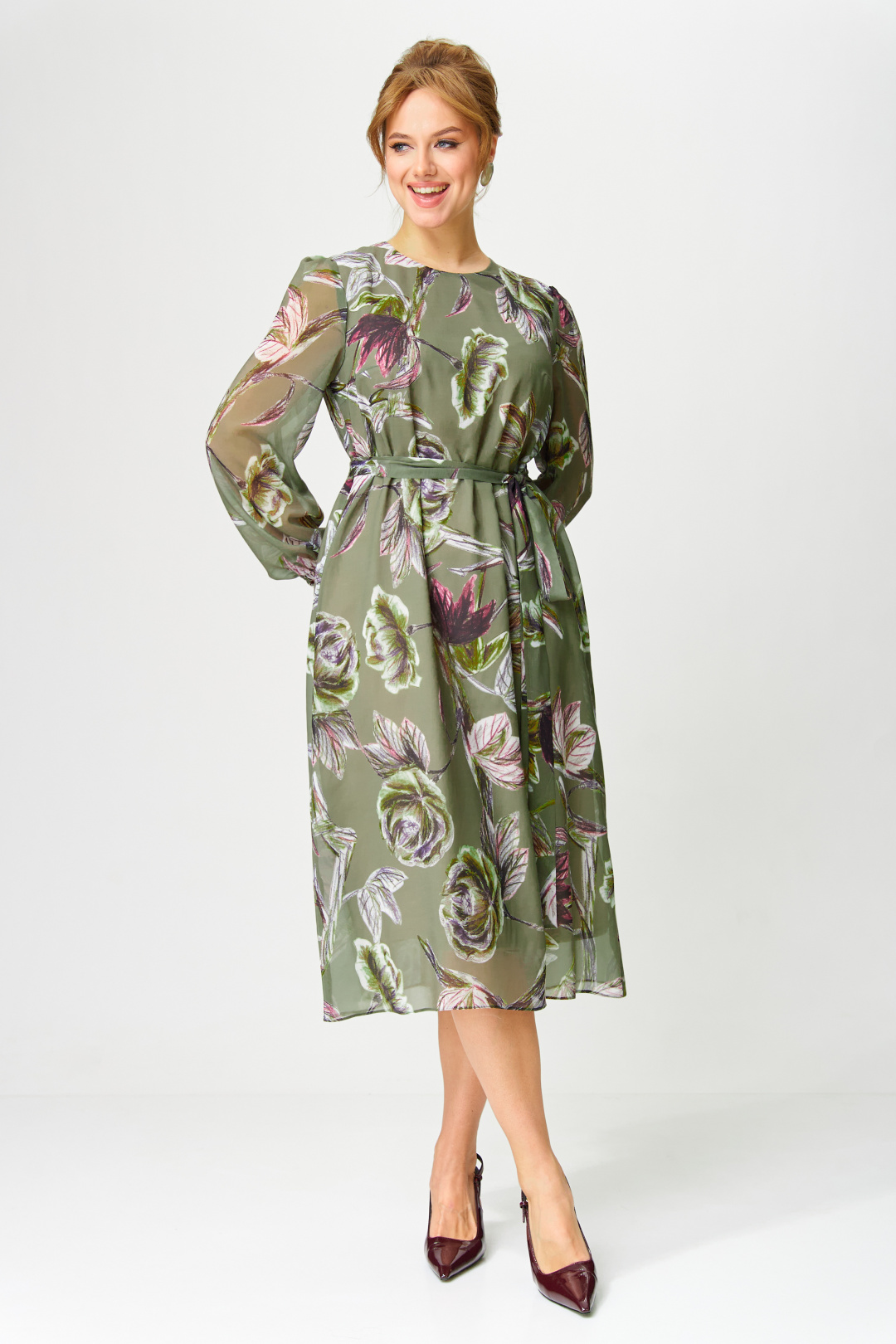 Платье GIZART 5103 олива + бордовый зеленвый цветок