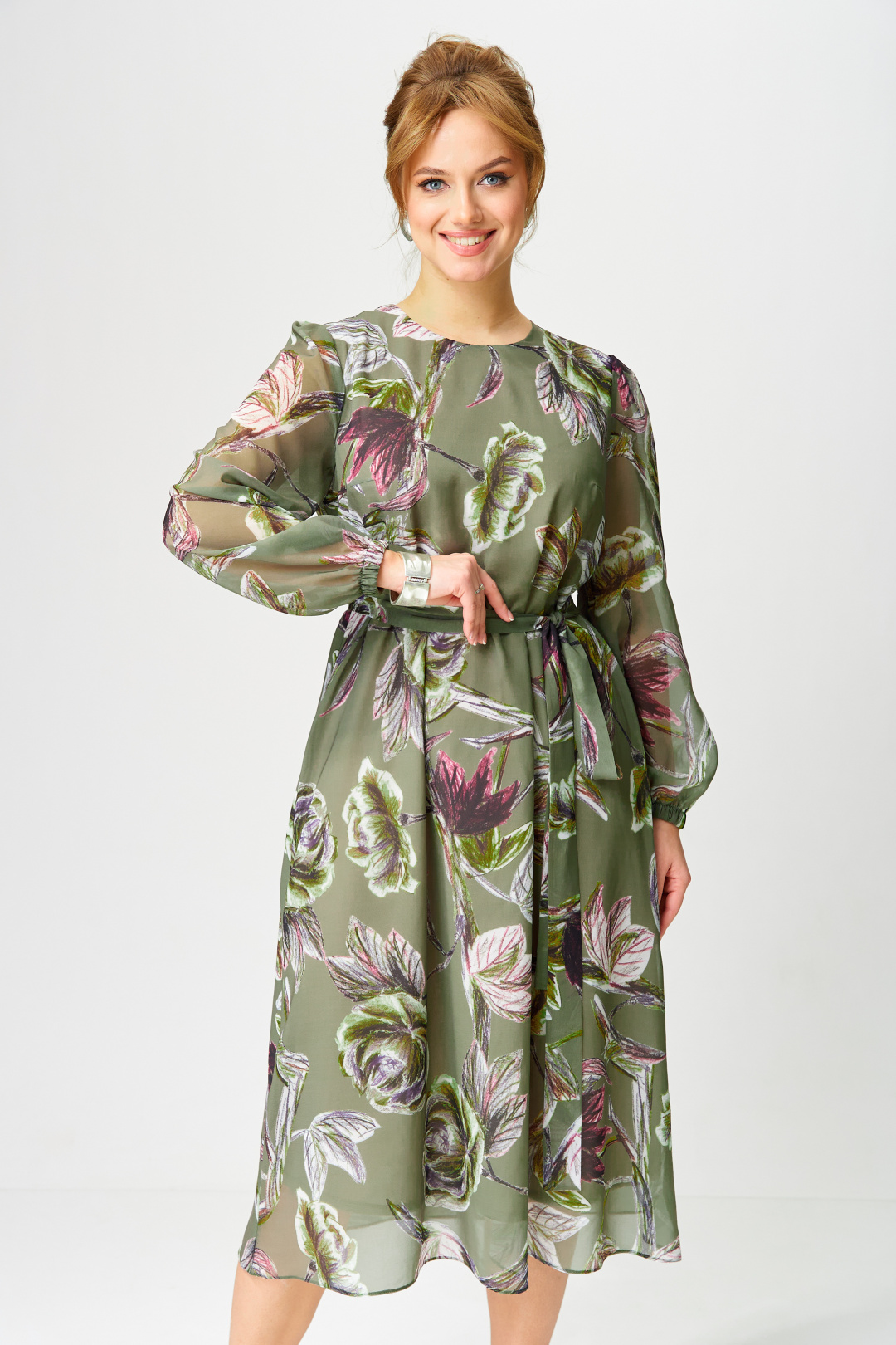 Платье GIZART 5103 олива + бордовый зеленвый цветок