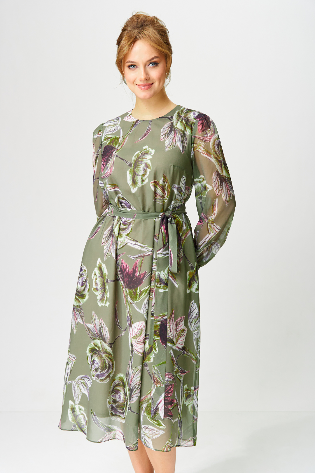Платье GIZART 5103 олива + бордовый зеленвый цветок