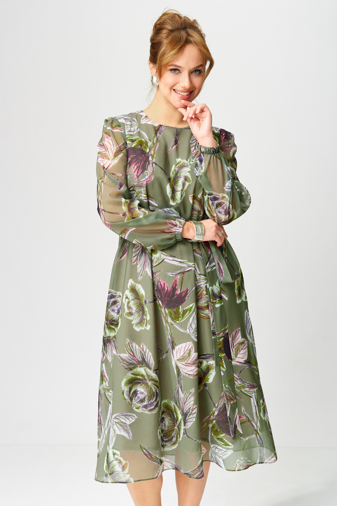Платье GIZART 5103 олива + бордовый зеленвый цветок