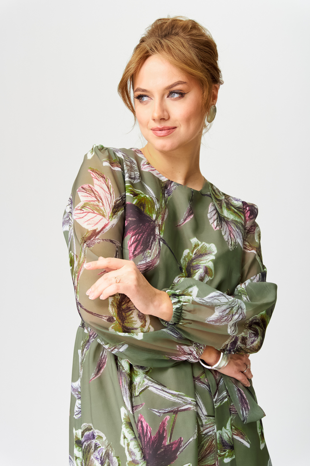 Платье GIZART 5103 олива + бордовый зеленвый цветок