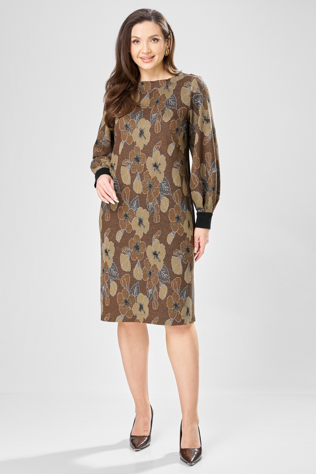 Платье GIZART 7385-1 коричневый + цветы - фото 1