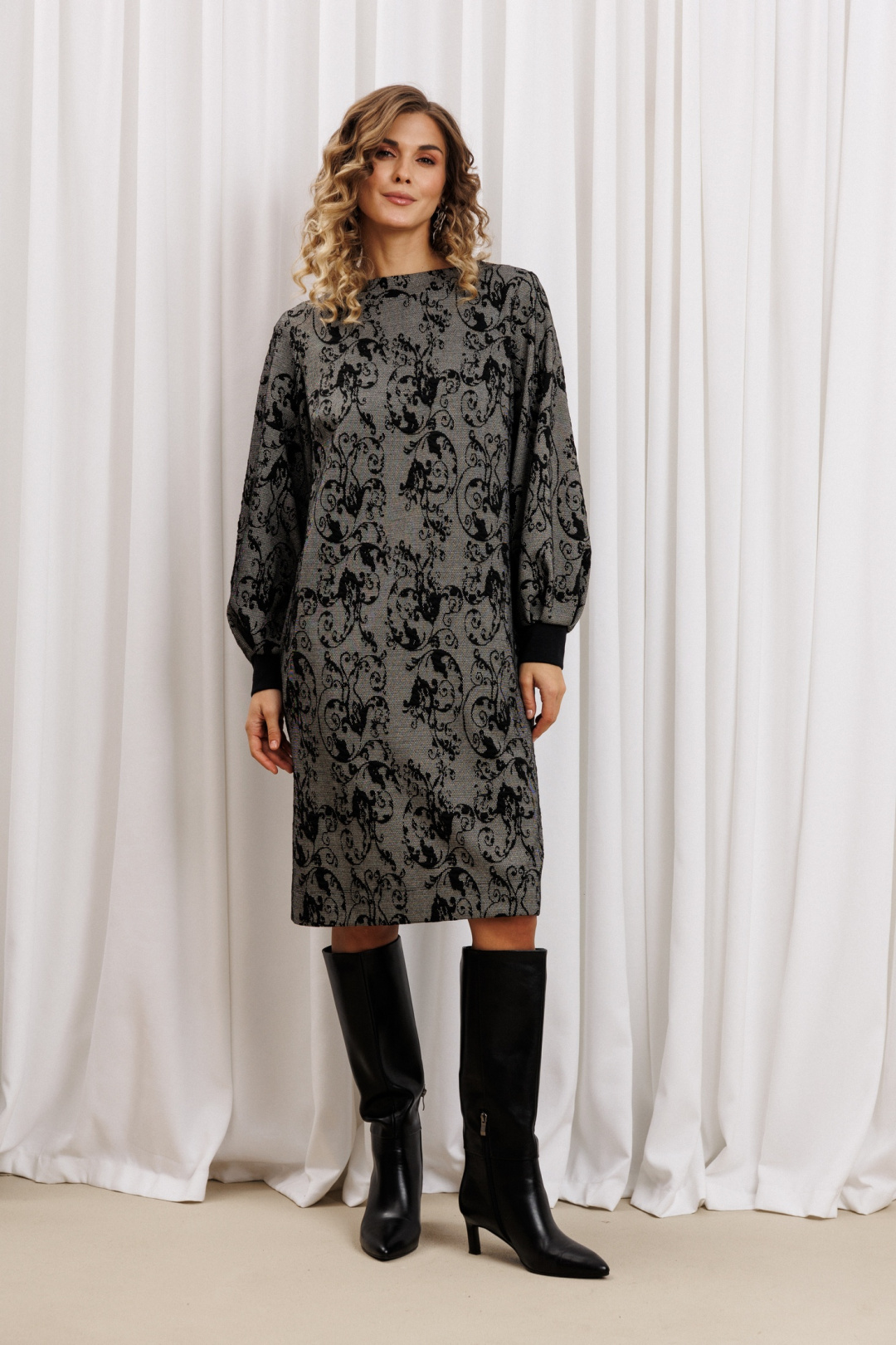 Платье GIZART 7385-1 серо-черный + цветы