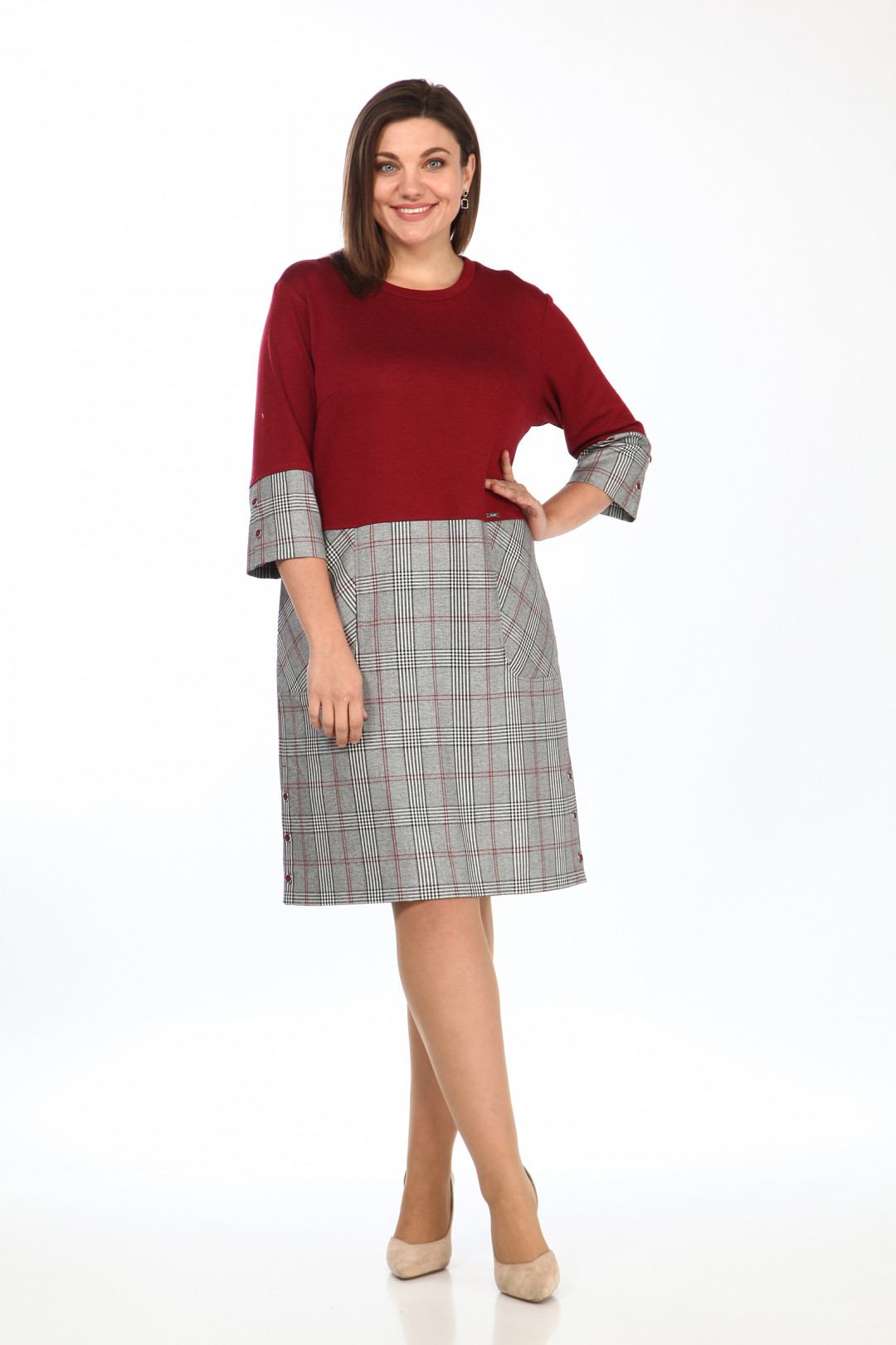 Платье LadyStyleClassic 1494 бордовый с серым - фото 2