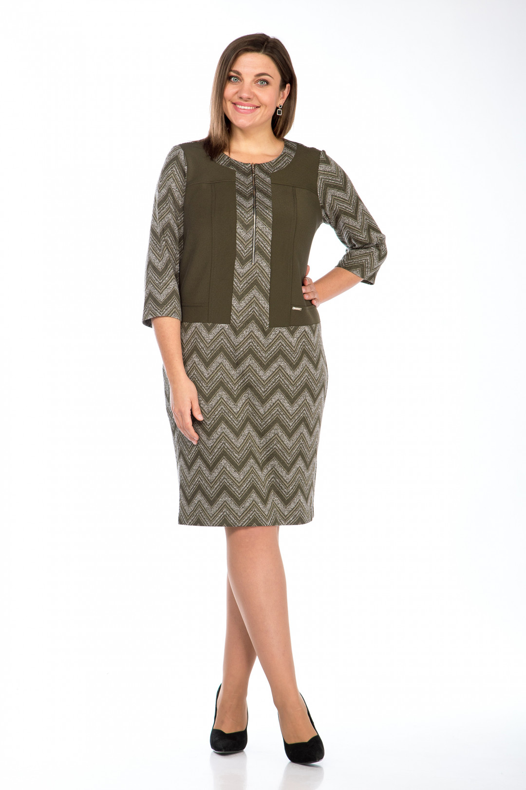 Платье LadyStyleClassic 1677 хаки с серым - фото 2