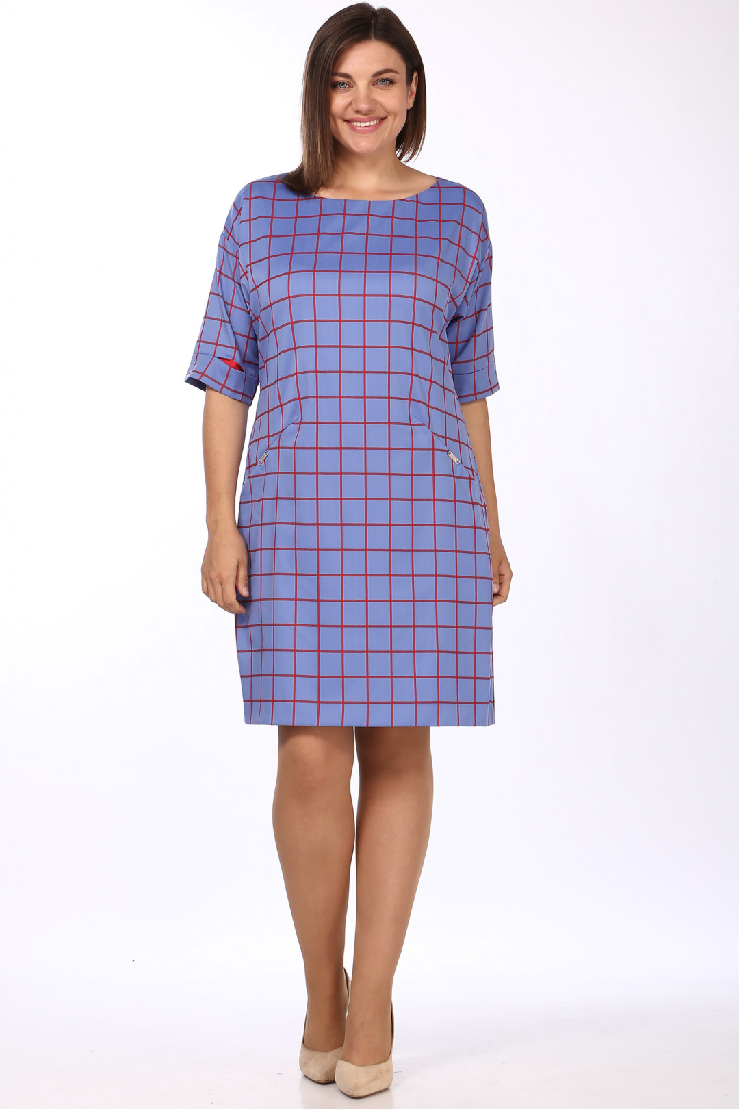 Платье LadyStyleClassic 926/11 Голубой с красным "Клетка" - фото 1