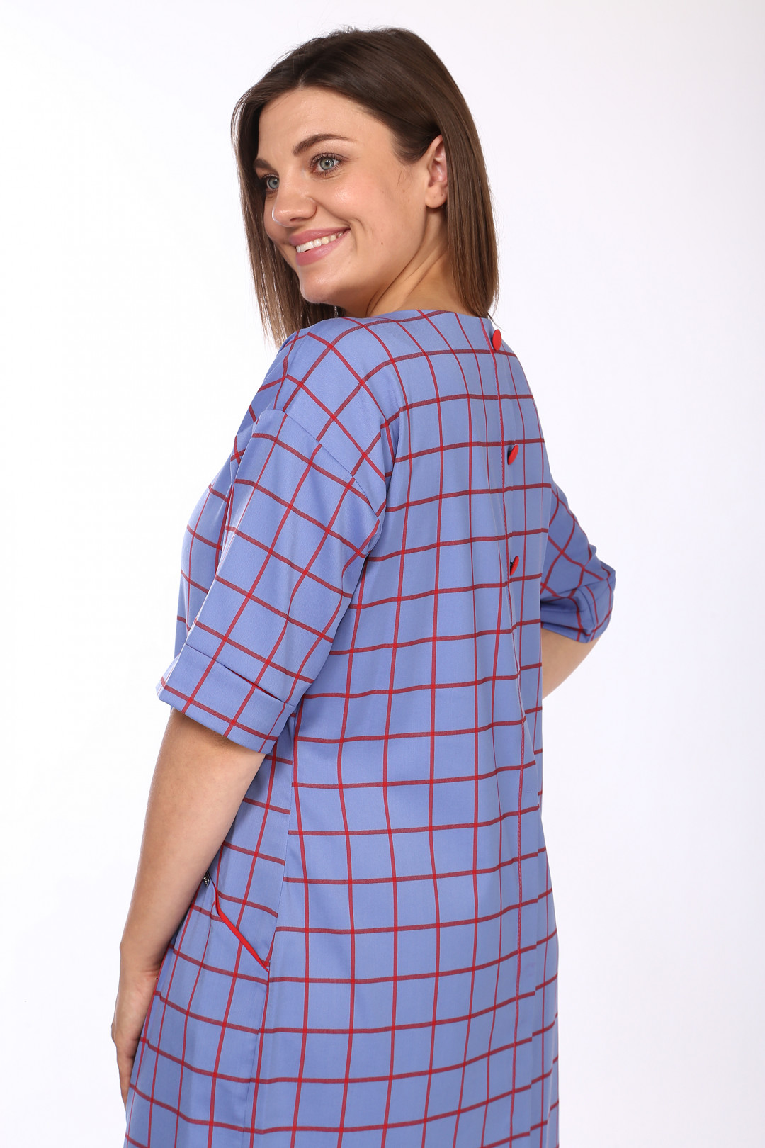 Платье LadyStyleClassic 926/11 Голубой с красным "Клетка" - фото 3