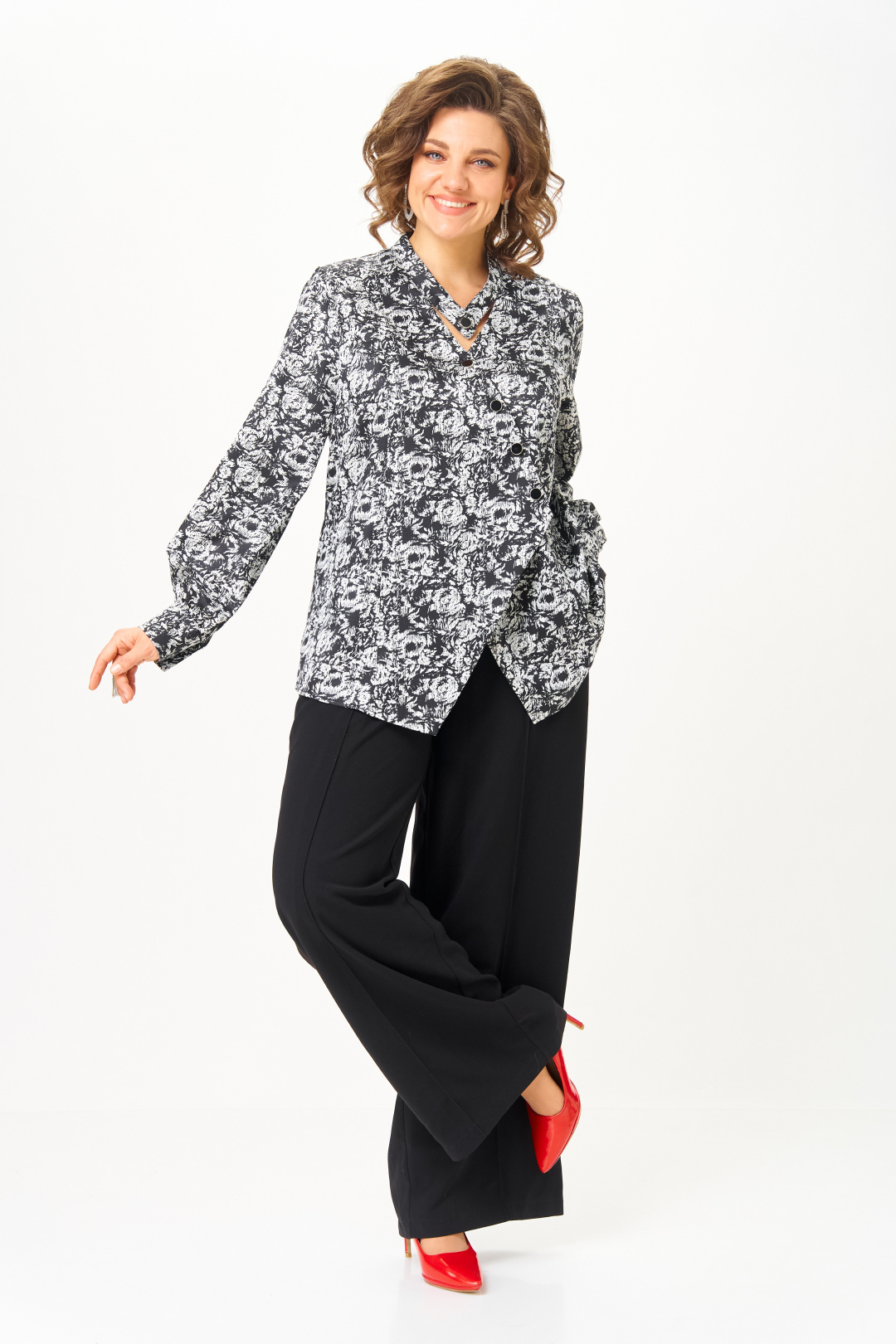 Блузка Мишель Шик 796  черно-белый+ розы - фото 1