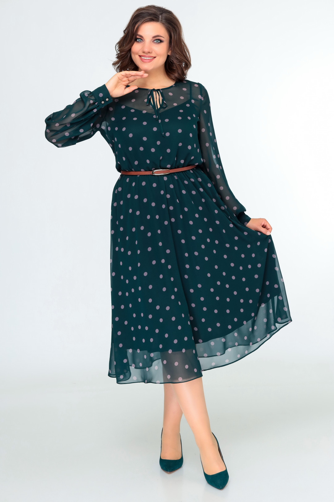 Платье Swallow 482 зеленый в бежевый горох - фото 3