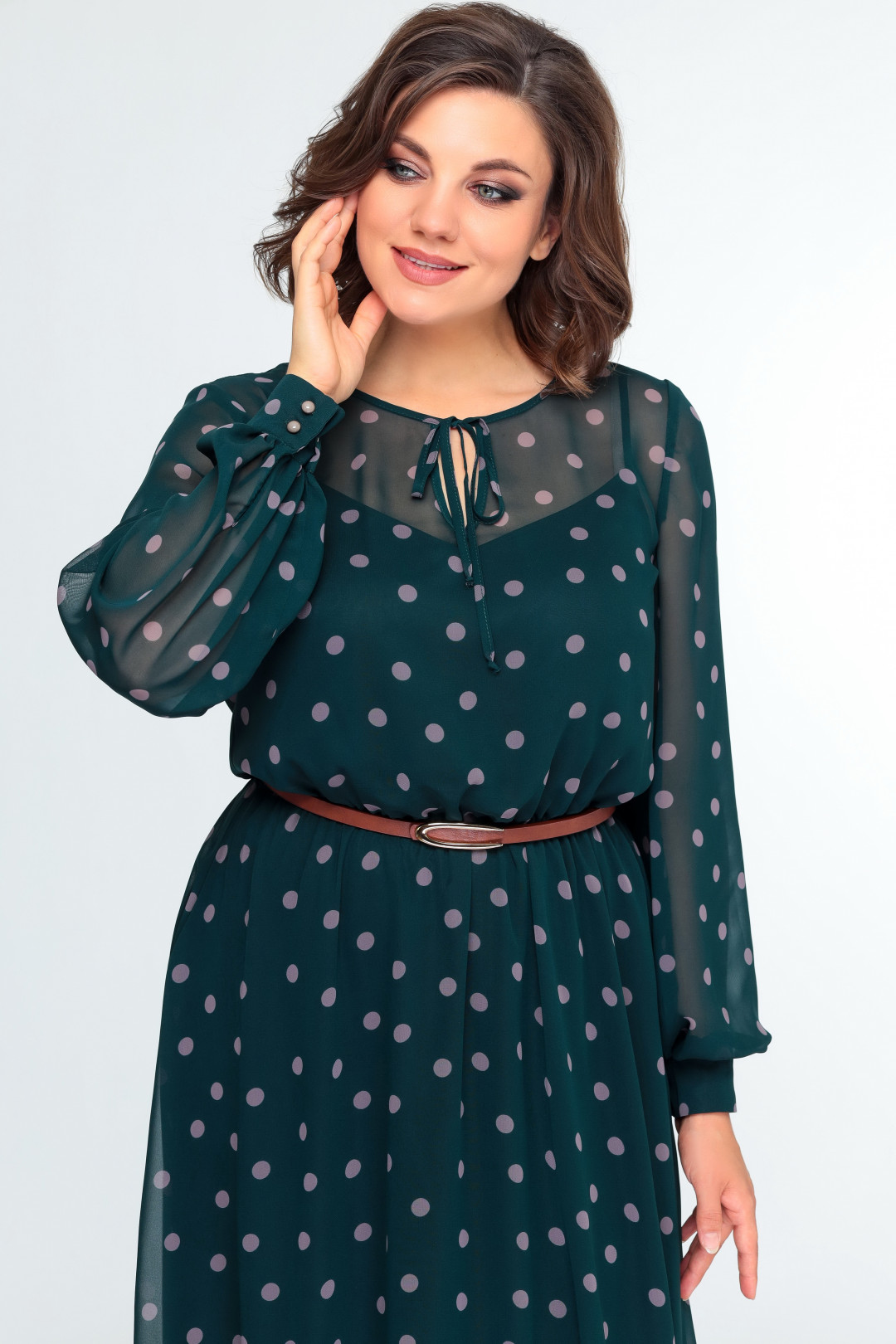 Платье Swallow 482 зеленый в бежевый горох - фото 5