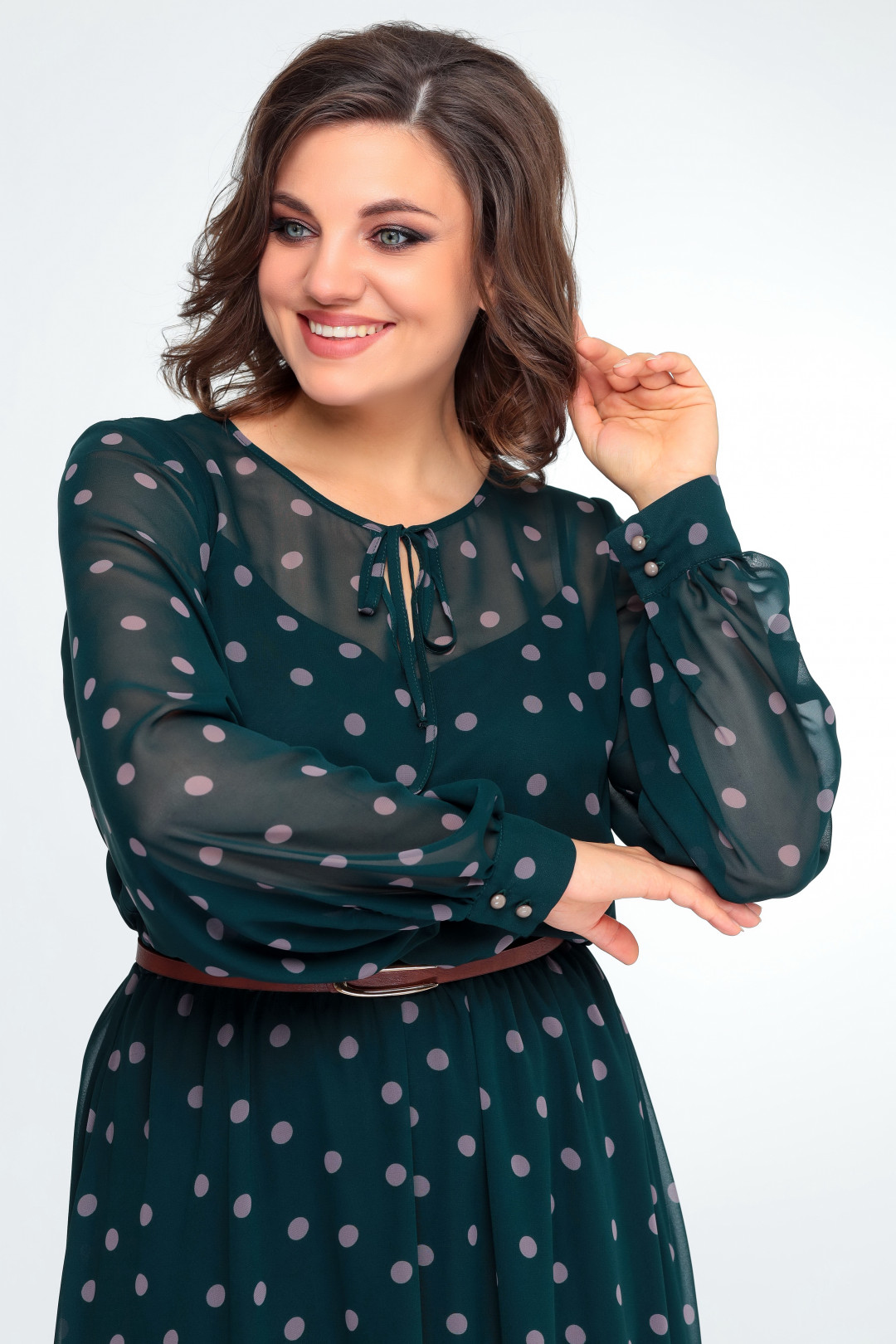 Платье Swallow 482 зеленый в бежевый горох - фото 6