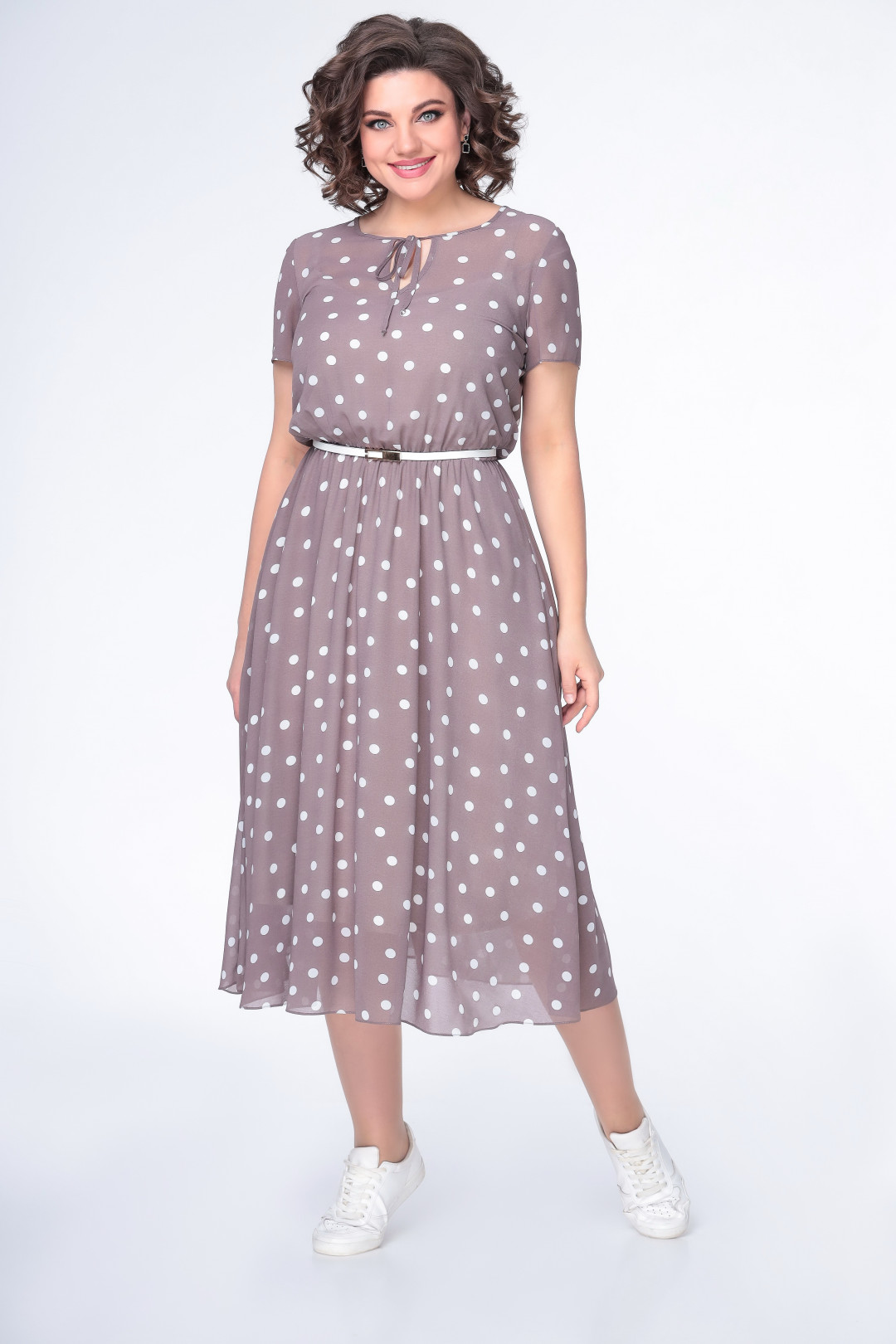 Платье Swallow 487 кофейный в белый горох - фото 4