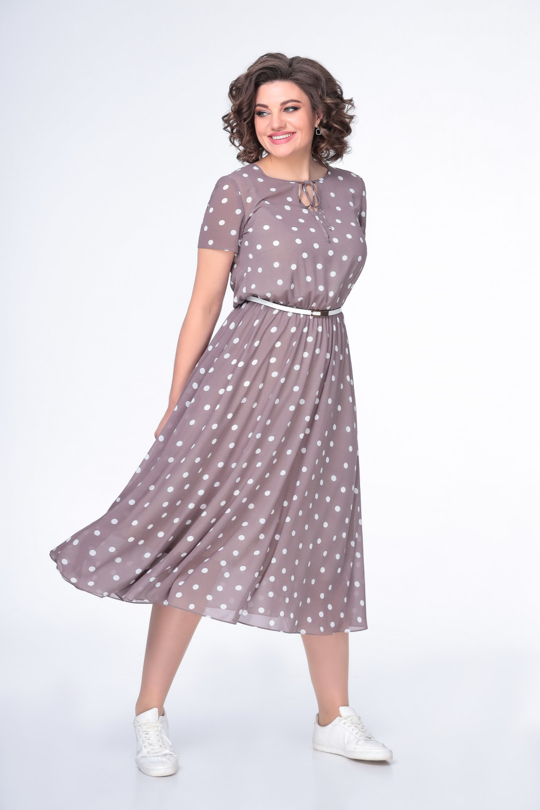 Платье Swallow 487 кофейный в белый горох - фото 5
