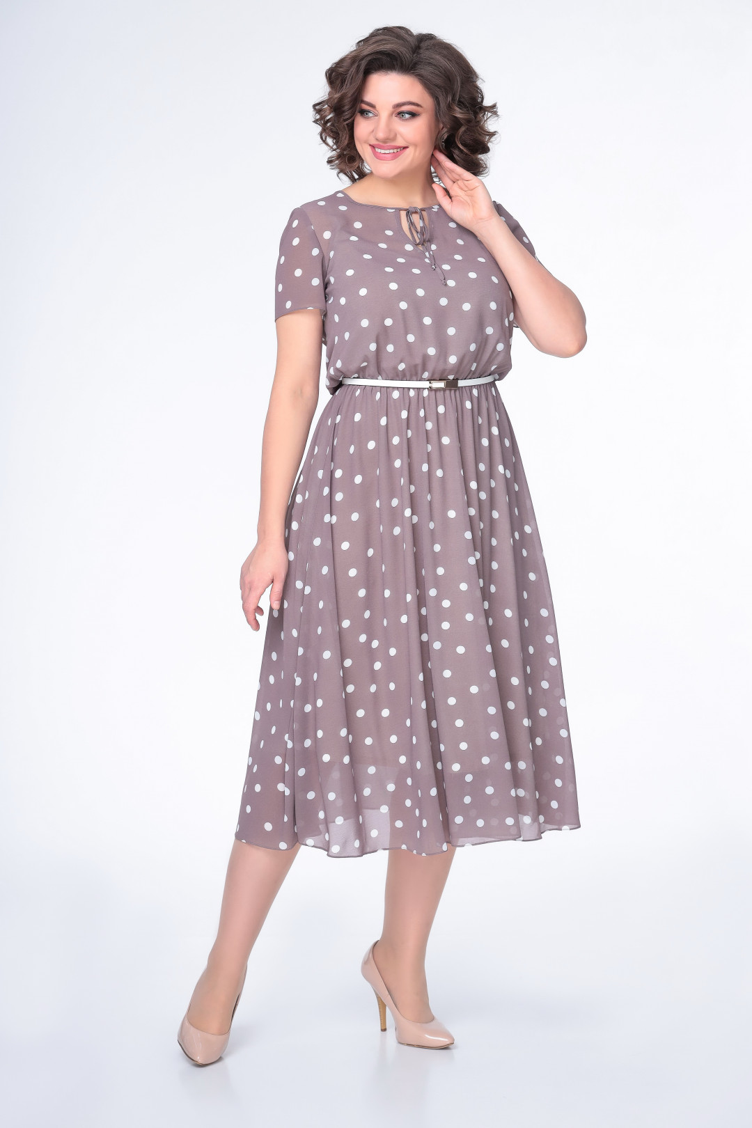 Платье Swallow 487 кофейный в белый горох - фото 6