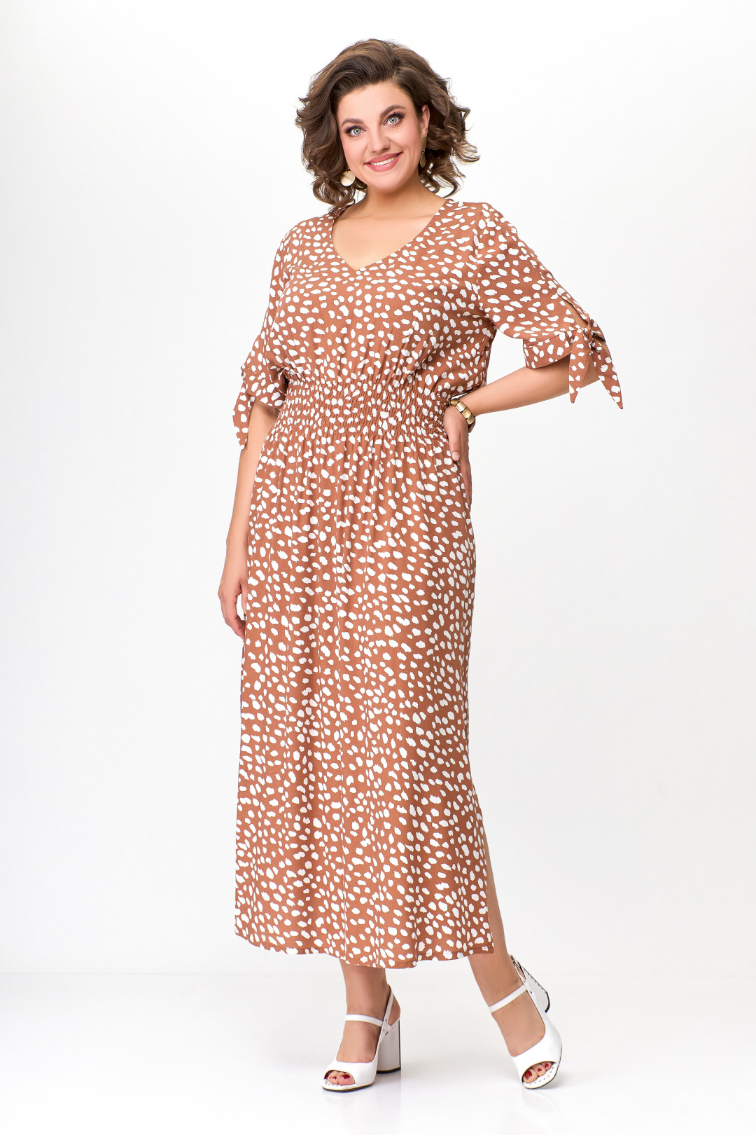 Платье Swallow 568.1 песочный  в принт белые камни - фото 3