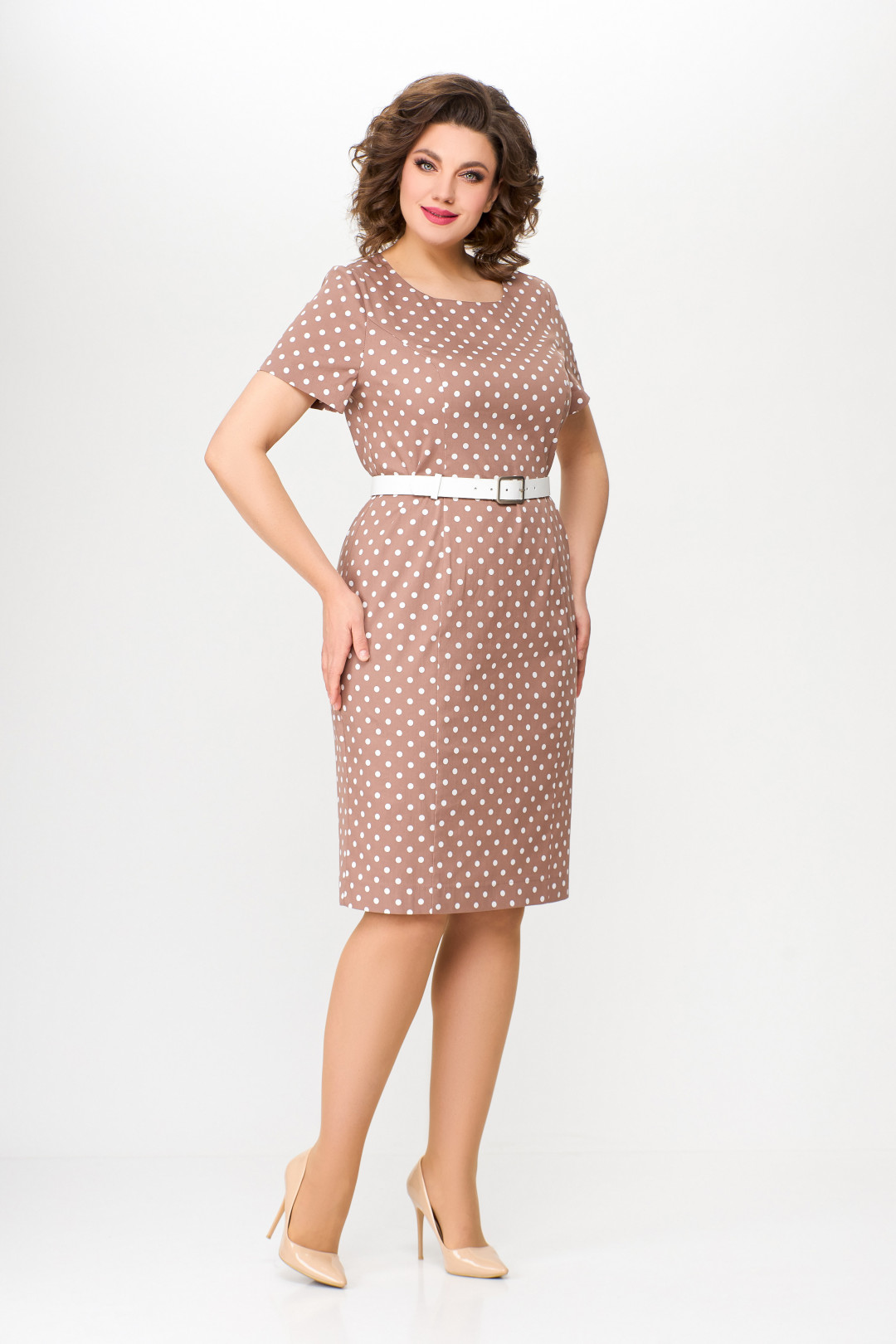 Платье Swallow 659 бежевый в белый горох - фото 4