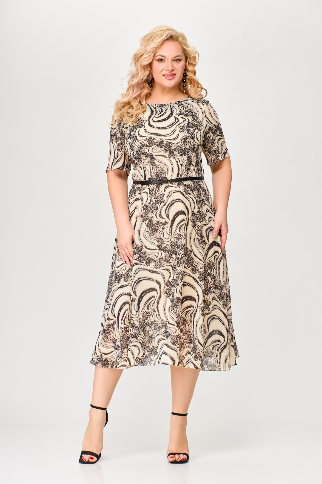 Платье Swallow 661 принт бежево-чёрный малахит - фото 5