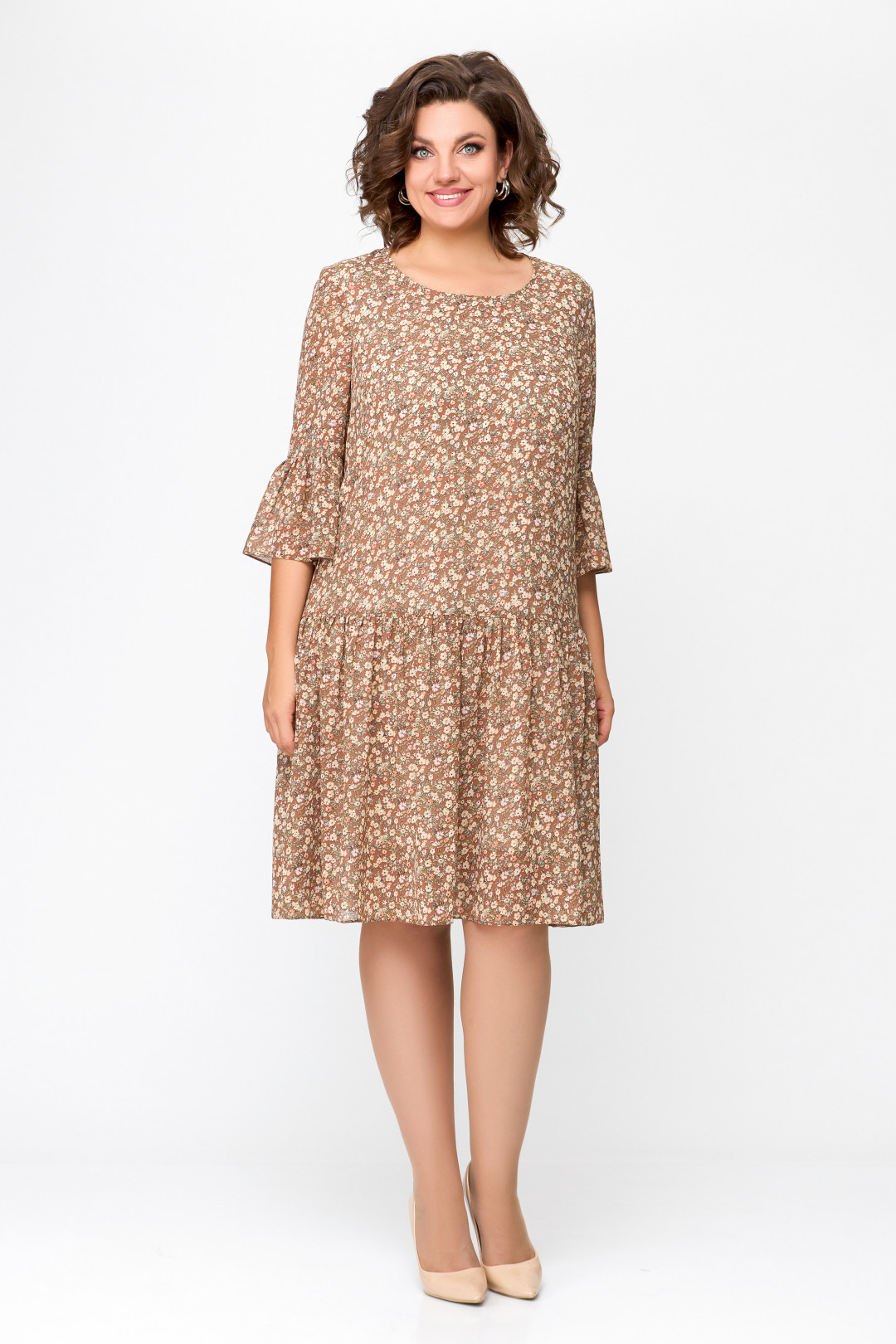 Платье Swallow 692 темная корица в цветочный принт - фото 1