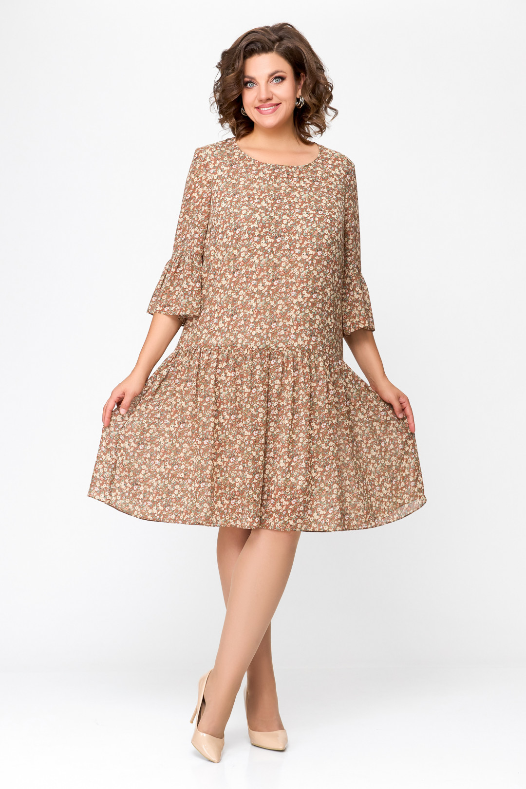 Платье Swallow 692 темная корица в цветочный принт - фото 2