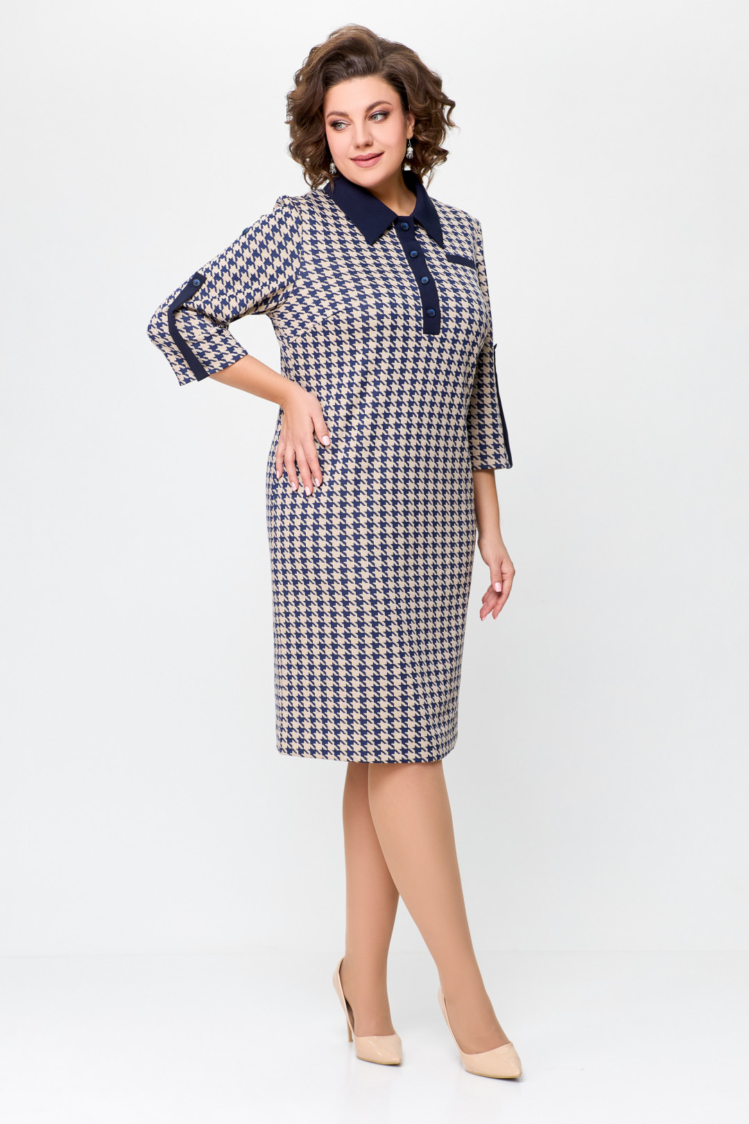 Платье Swallow 697 сине-бежевая «гусиная лапка» - фото 2