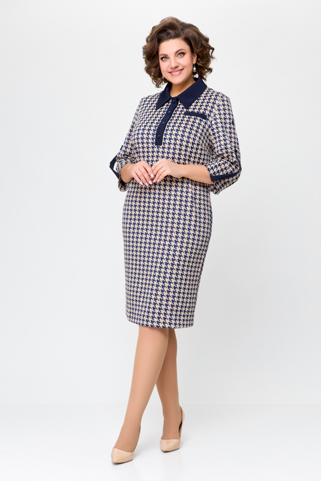 Платье Swallow 697 сине-бежевая «гусиная лапка» - фото 3