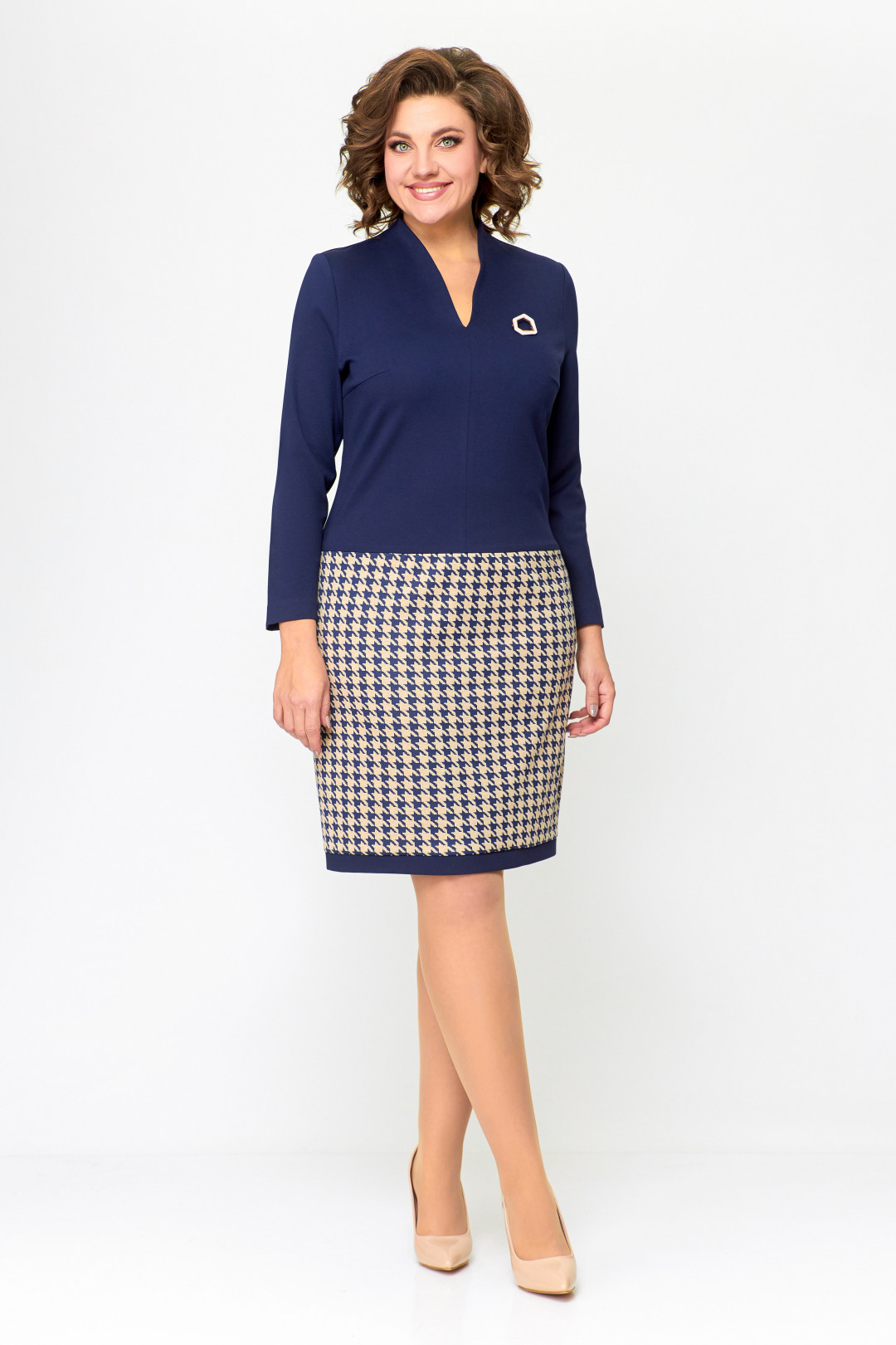 Платье Swallow 699.1 синий, сине-бежевая гусиная лапка - фото 1