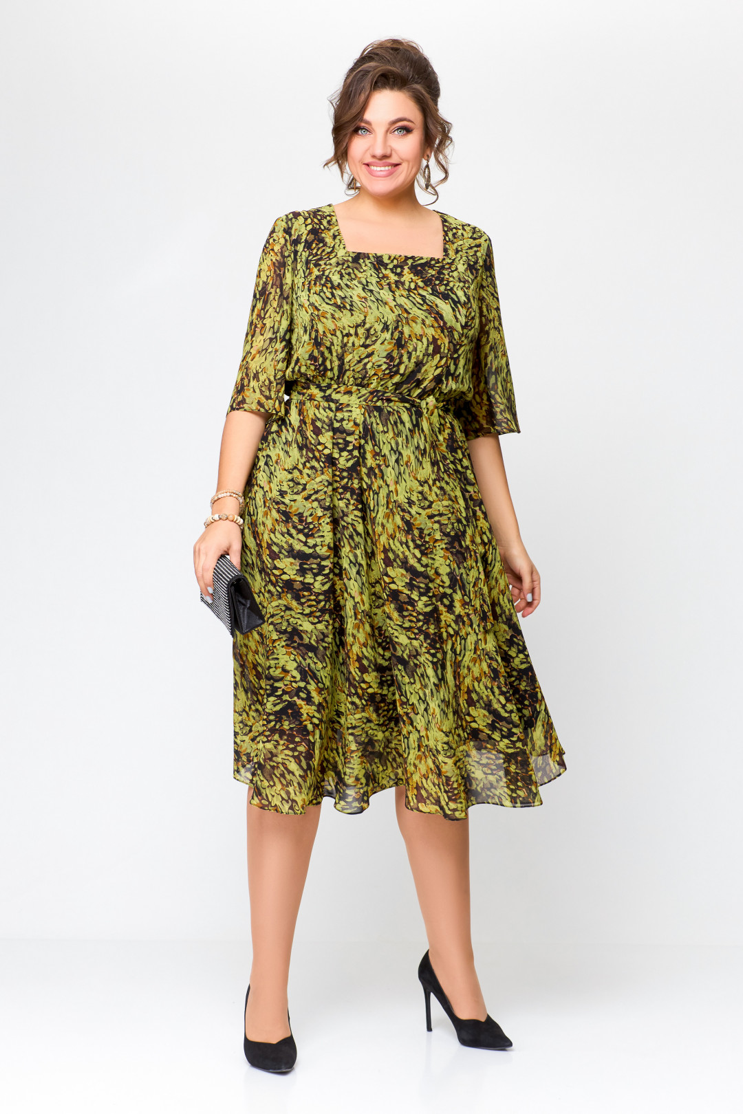 Платье Swallow 706 олива в бежево-черный принт - фото 1