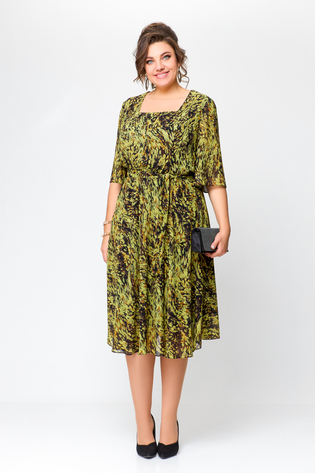Платье Swallow 706 олива в бежево-черный принт - фото 2
