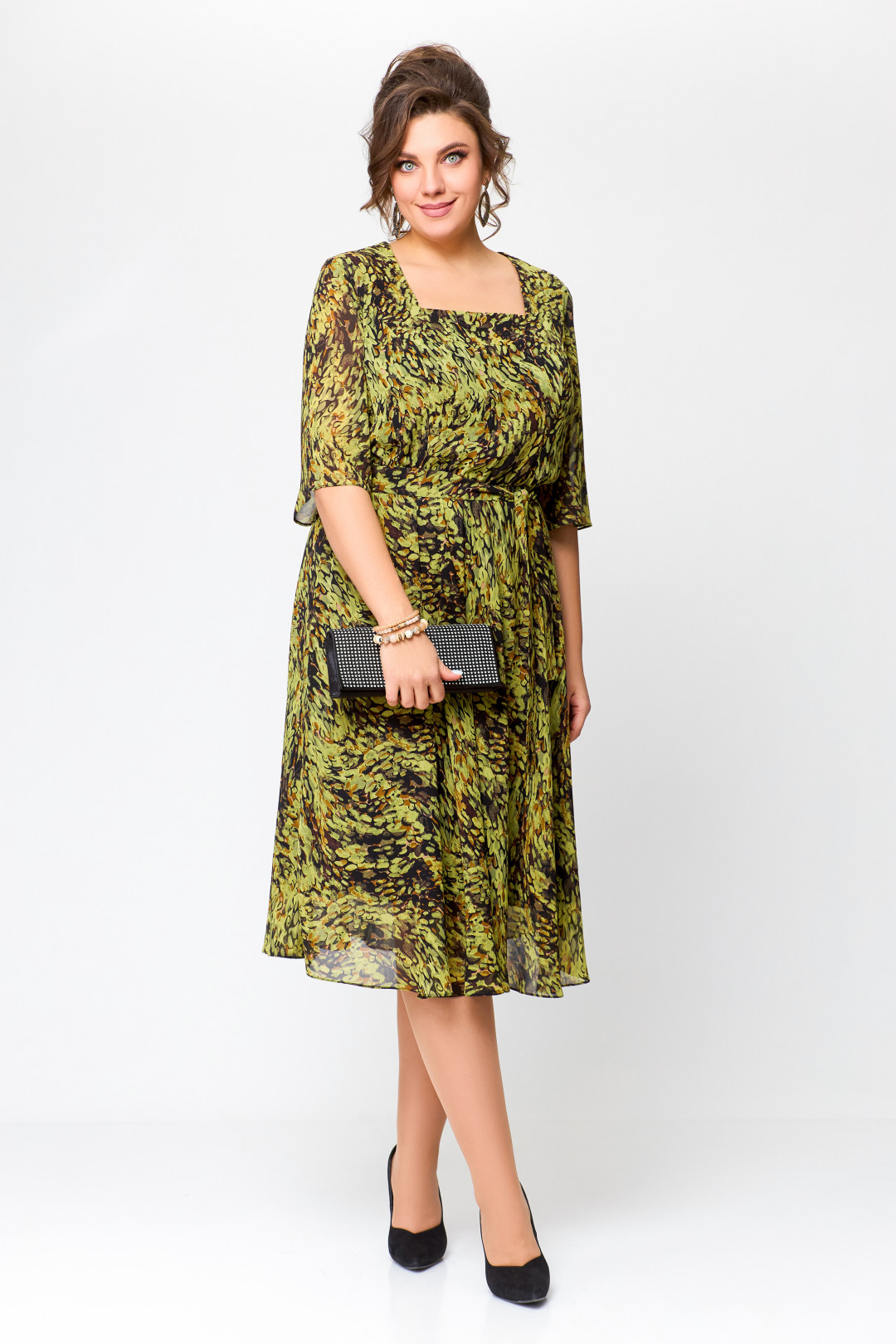 Платье Swallow 706 олива в бежево-черный принт - фото 3