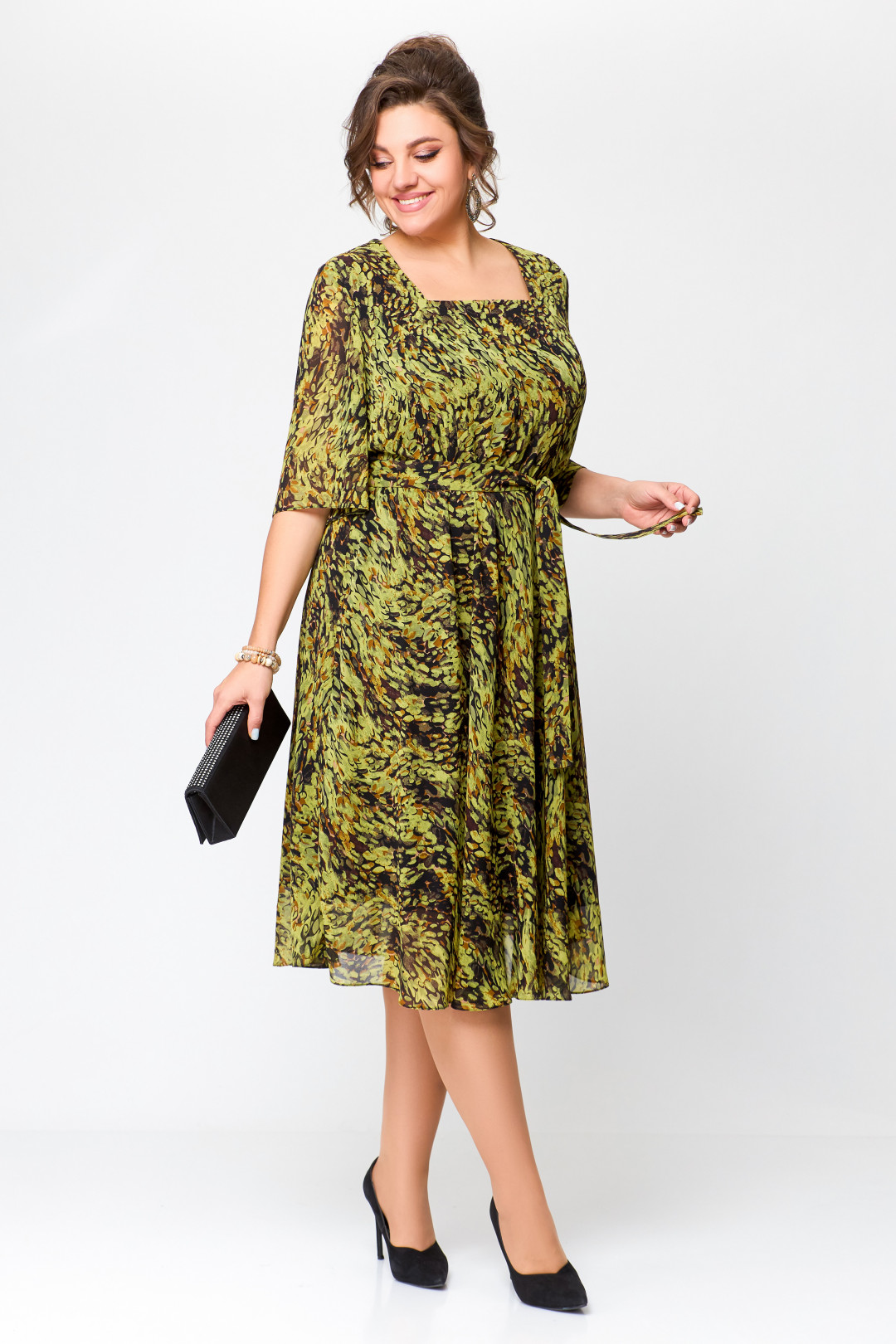 Платье Swallow 706 олива в бежево-черный принт - фото 4