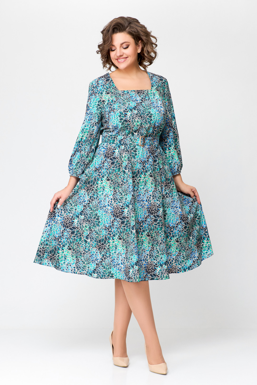 Платье Swallow 711 бирюзово-бежевый принт - фото 4