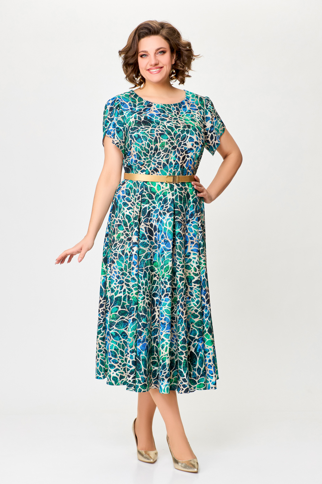 Платье Swallow 725 бирюзово- бежевый принт - фото 1