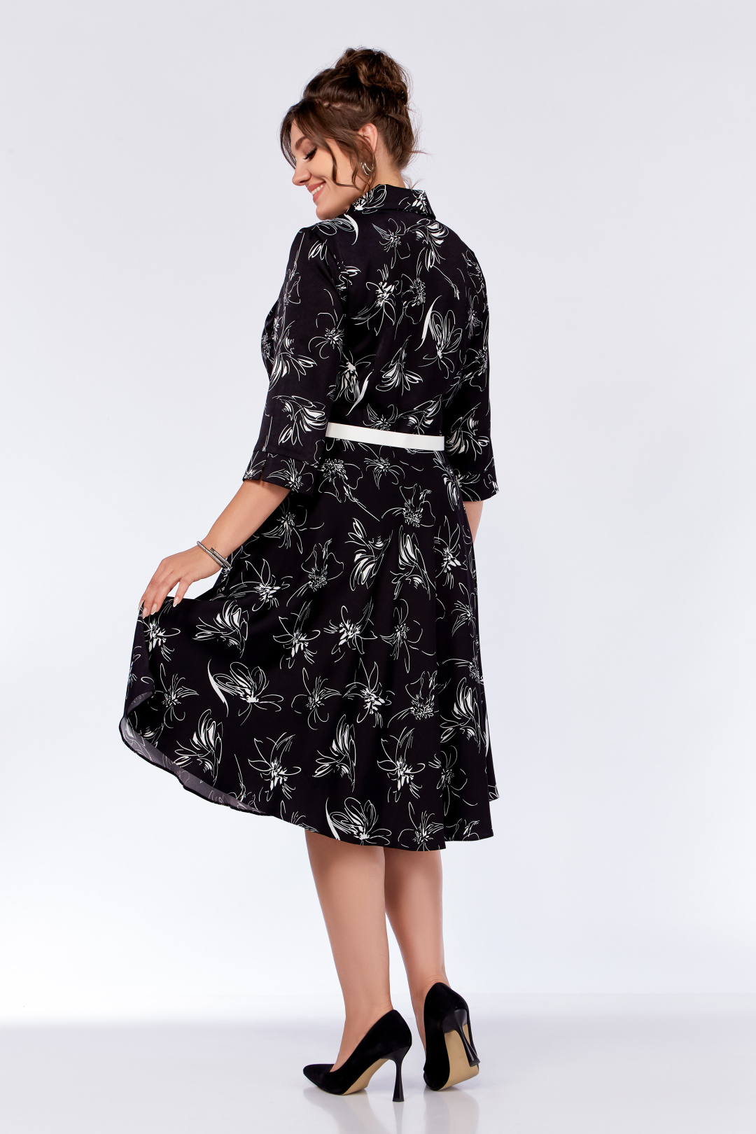 Платье Swallow 735.1 черный, принт белые цветы - фото 3