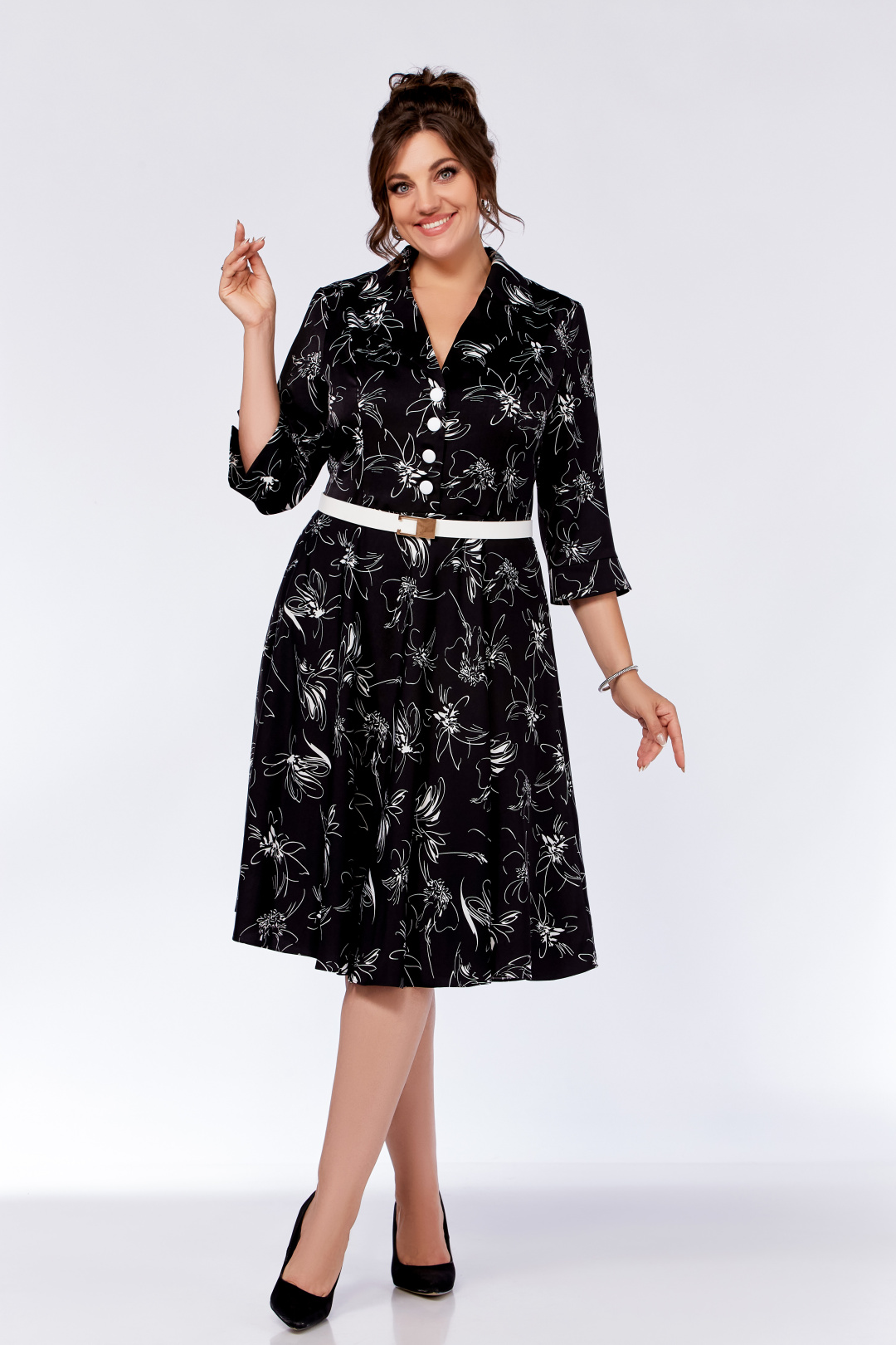 Платье Swallow 735.1 черный, принт белые цветы - фото 5