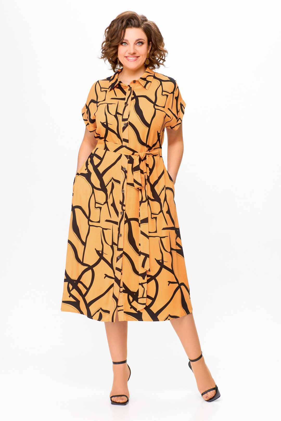 Платье Swallow 740 светло -оранжевый в чёрный принт абстракция