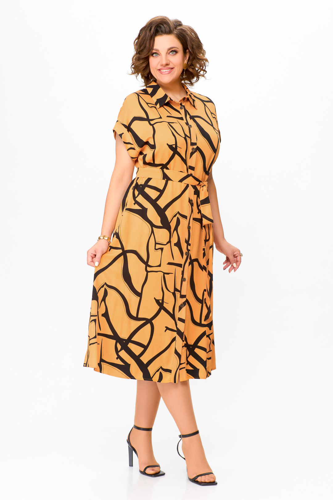 Платье Swallow 740 светло -оранжевый в чёрный принт абстракция