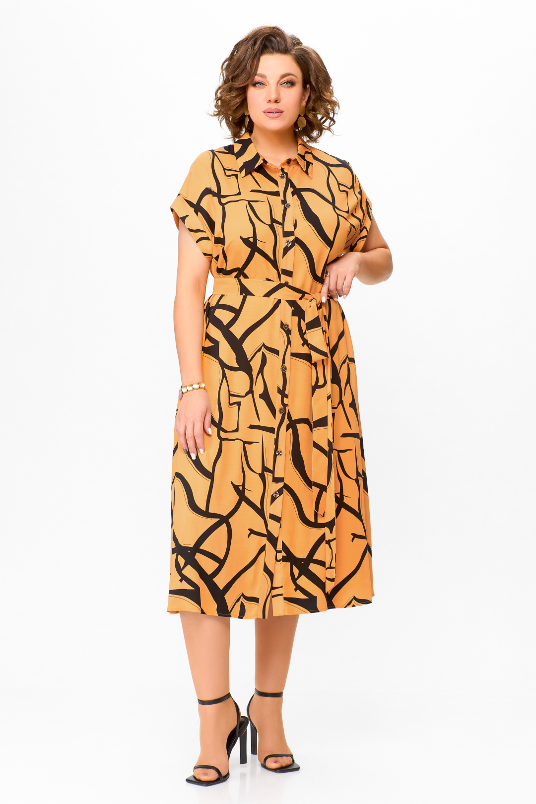 Платье Swallow 740 светло -оранжевый в чёрный принт абстракция