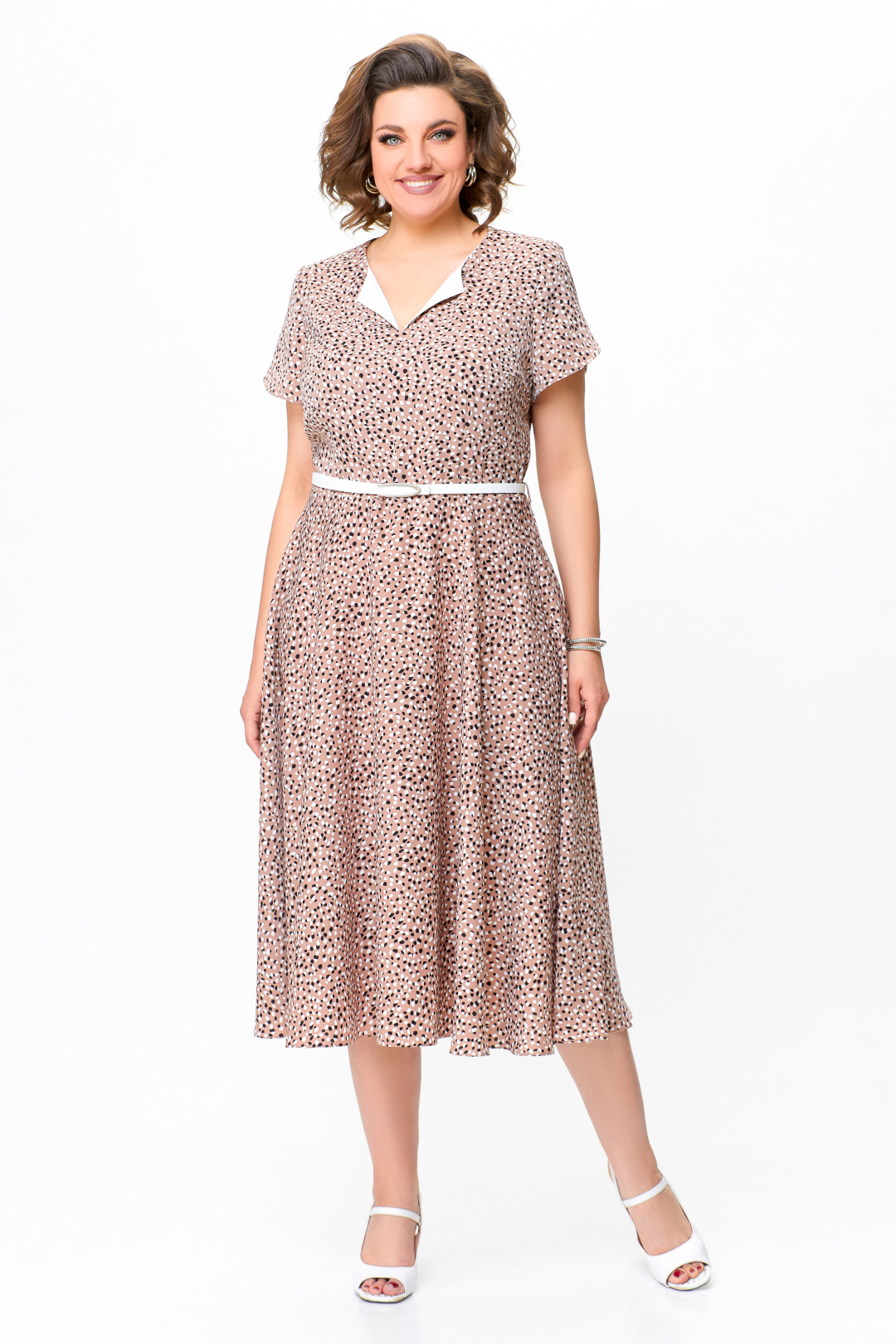 Платье Swallow 742 бежевый, принт в белые и чёрные  «камни - фото 1