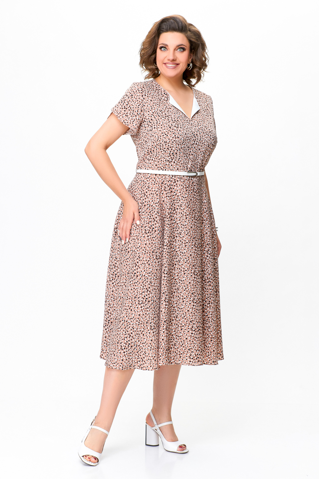 Платье Swallow 742 бежевый, принт в белые и чёрные  «камни - фото 2